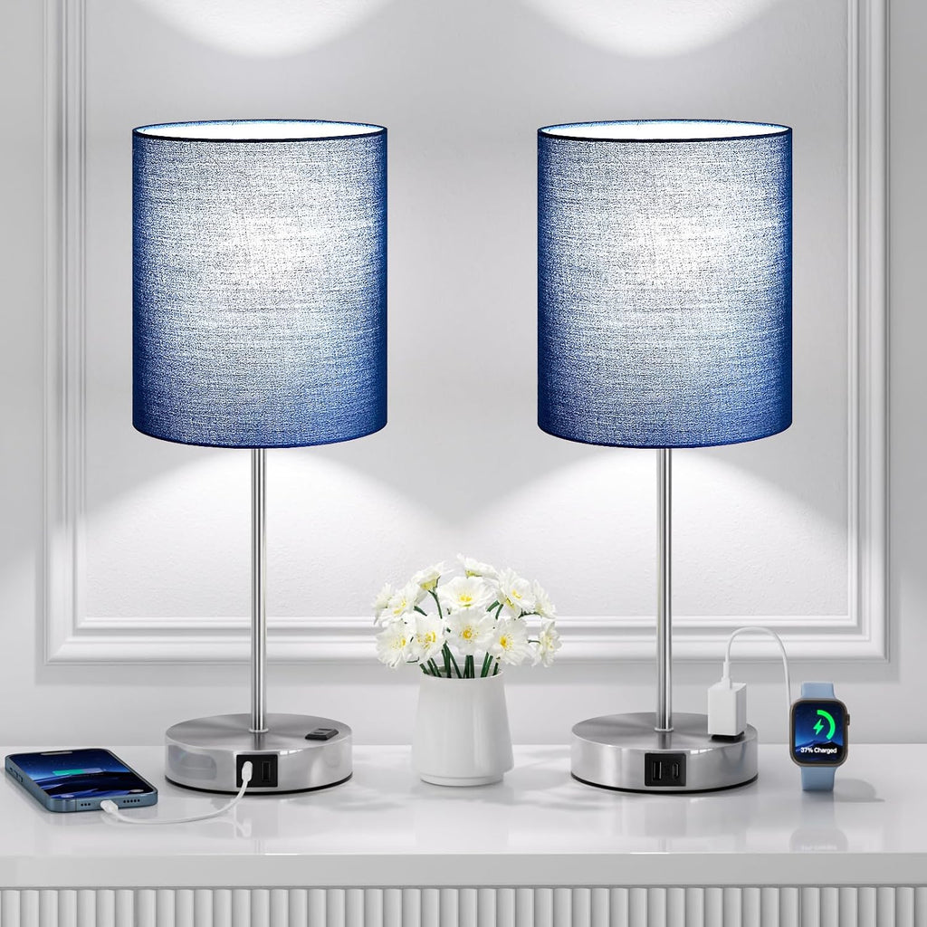 Fenmzeelighting Blue Touch Lamps for Nightstand Set of 2 - Bedside Table Lamp for Bedroom with Dual USB Ports & AC Outlet, 3-Way Dimmable L…