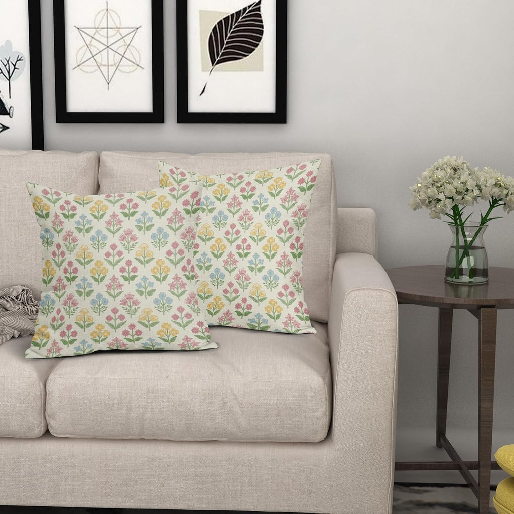 Spring Floral Block Print Pillow Covers 24x24 Inch Set of 2, Easter Decoration Pink Yellow Blue Flower Decorative Throw Pillowcases…