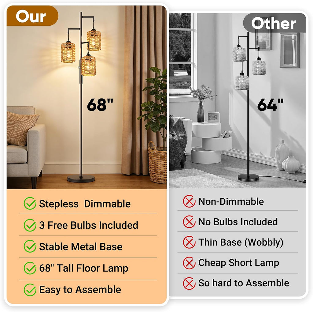 ROTTOGOON Dimmable Rattan Floor Lamp, 3 x 800LM LED Bulbs Included, Boho Tree Standing Lamps with 3 Hand-Woven Octagonal Lantern Shades…