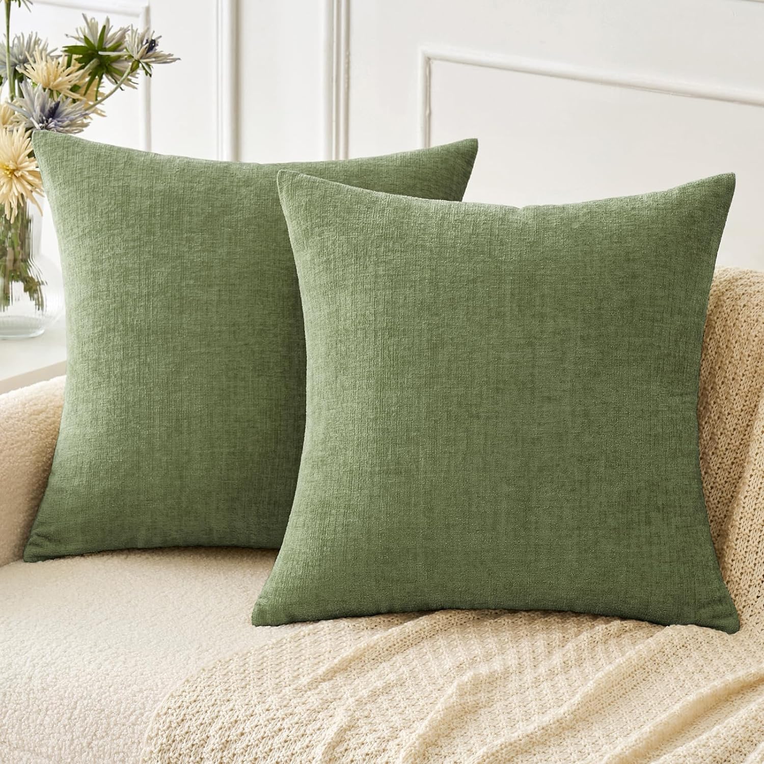 Miulee Pack of 2 Couch Throw Pillow Covers 26x26 Inch Spring Soft Sage Green Chenille Pillow Covers for Sofa Living Room Solid Dyed Pillow…
