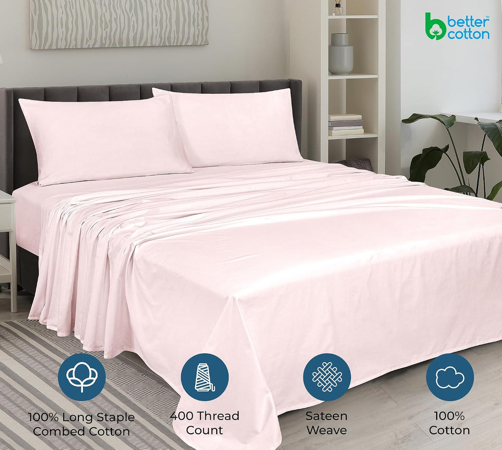 Royalelinens ROYALE LINENS 400 Thread Count 100% American Grown Cotton 4 Piece Sateen King Sheet Set - 1 Fitted Sheet, 1 Flat Sheet, 2 Pill…