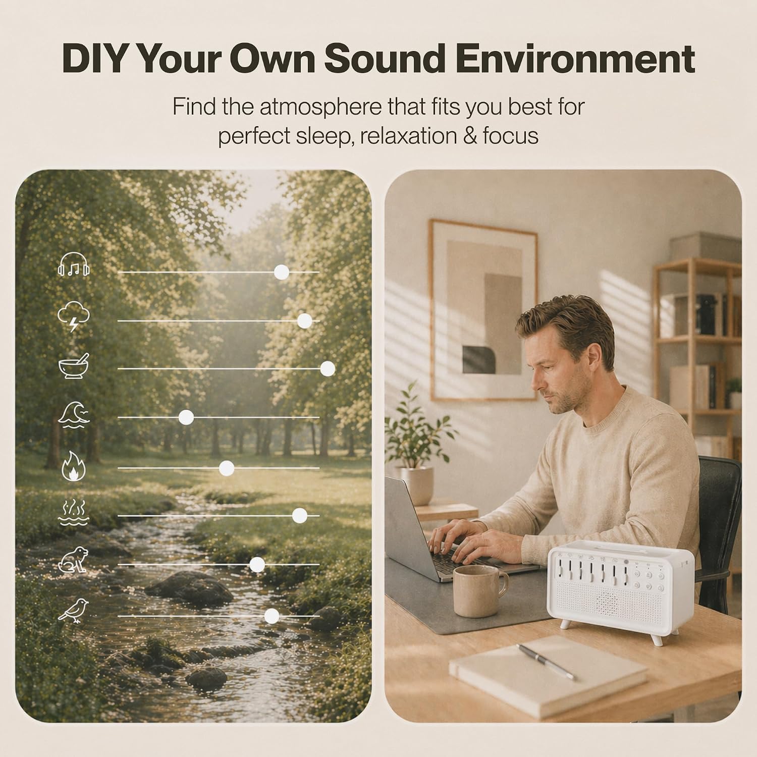 SLhoshipee White Noise Machine with 8 Mixable Nature Sounds, Flame Light & Aroma Diffuser – Desktop Sound Machine for Sleep, Office,…