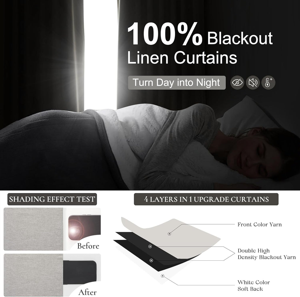 Qjmydeco Pleat Linen Blend Room Darkening Extra Long Curtains 120 Inch Length 2 Panels Set for Living Room, Natural Melange Grey for Bedroo…