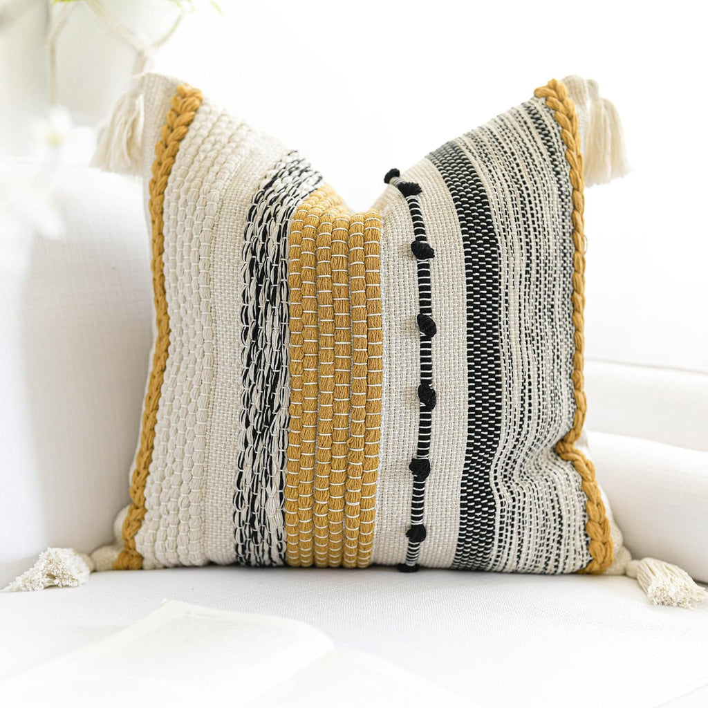 BlissBlush Yellow Mustard Decorative Throw Pillow Cover 18x18 Square Boho Accent Pillowcase Tassels Farmhouse Cushion for Couch Sofa…