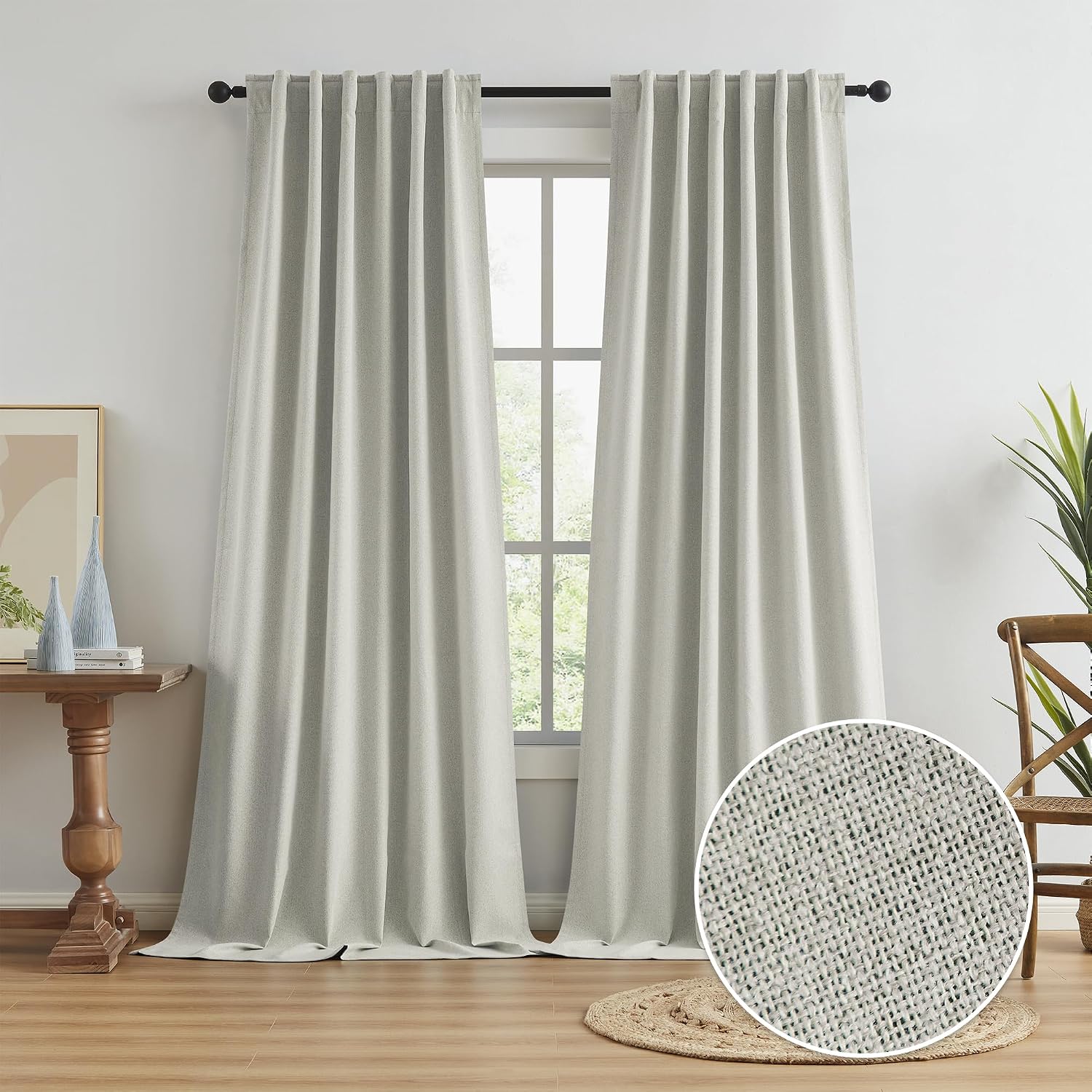Keqiaosuocai Full Shading Linen Curtains Greyish Beige 126 Inches Long Back Tab Track System 100% Blackout Thermal Insulated Total Darkness…