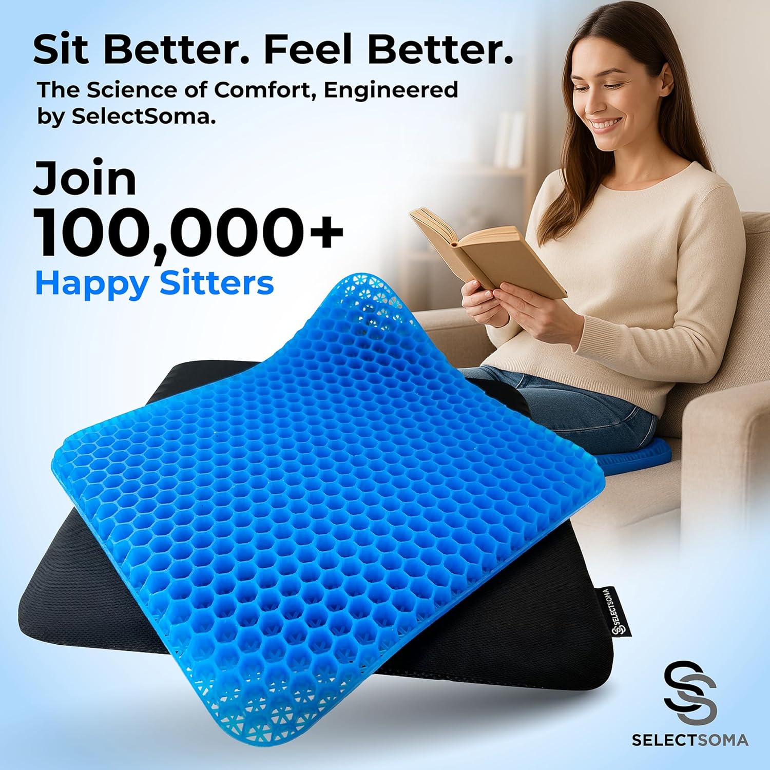 SelectSoma Double-Thick Gel Seat Cushion for Long Sitting Pressure Relief for Back, Sciatica, Coccyx, Tailbone Pain - Cushion for Office…