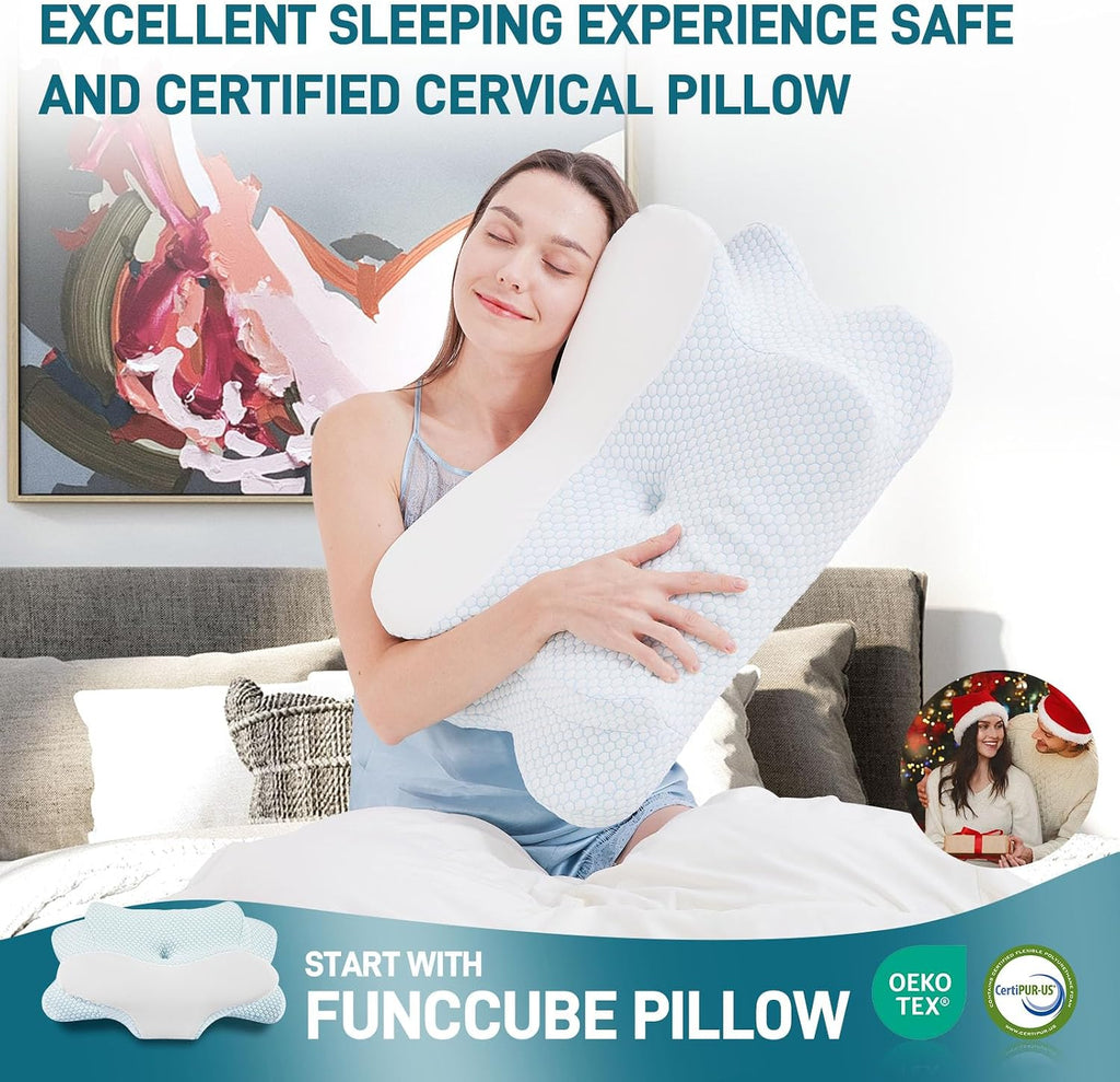 Funccube Cervical Neck Pillow - Memory Foam Pillow for Sleeping, Ergonomic Neck Support Contour Pillows for Side Back Stomach Sleepers, Orth…