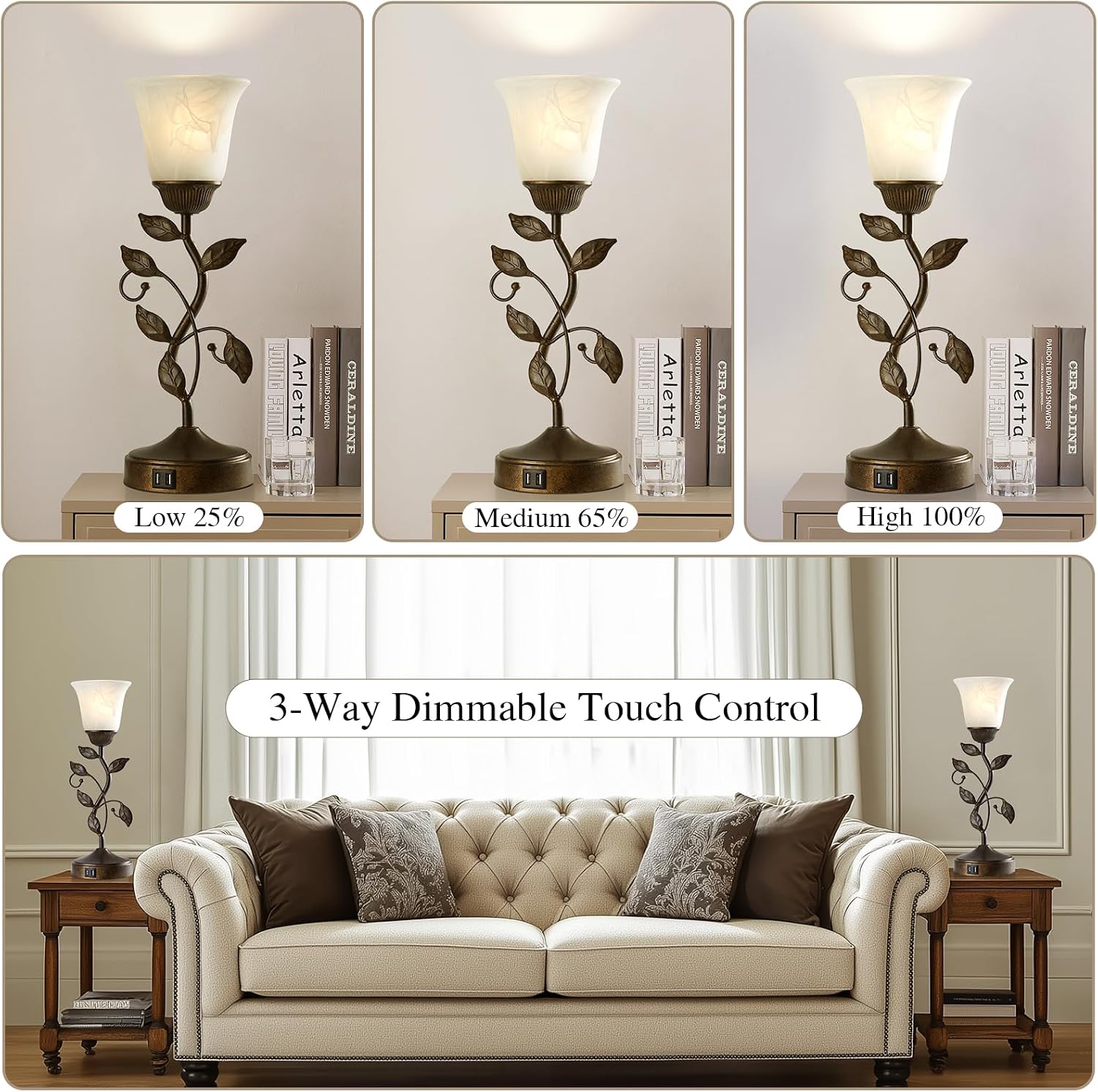 Set of 2 Touch Farmhouse Bedroom Table Lamps, Nightstand Vintage Flower Lamps with 2 USB Ports, 3 Way Dimmable Leaf Lamp for Living Room…