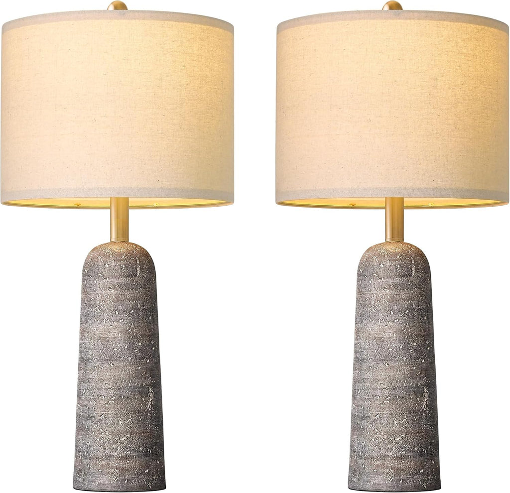 BOBOMOMO 27.25" Modern Table Lamp Set of 2, Light Grey Resin Table Lamps with Stone Look, Lamps for Living Room with Linen Shades…