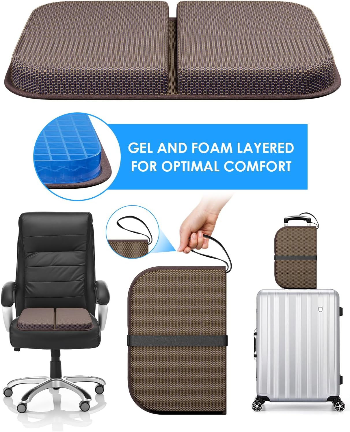 Wisimmall Gel Seat Cushion Portable Massage Travel Cushions, 14.5" x 10.5" Thick Foldable Seat Cushion for Car Office Chair Wheelchair Hip,…