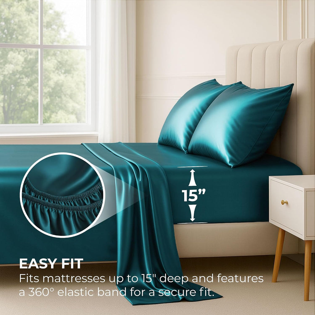 PureBedding Satin Sheets Queen [4-Piece, Teal] Hotel Luxury Silky Bed Sheets - Extra Soft 1800 Microfiber Sheet Set, Wrinkle, Fade, Stain R…