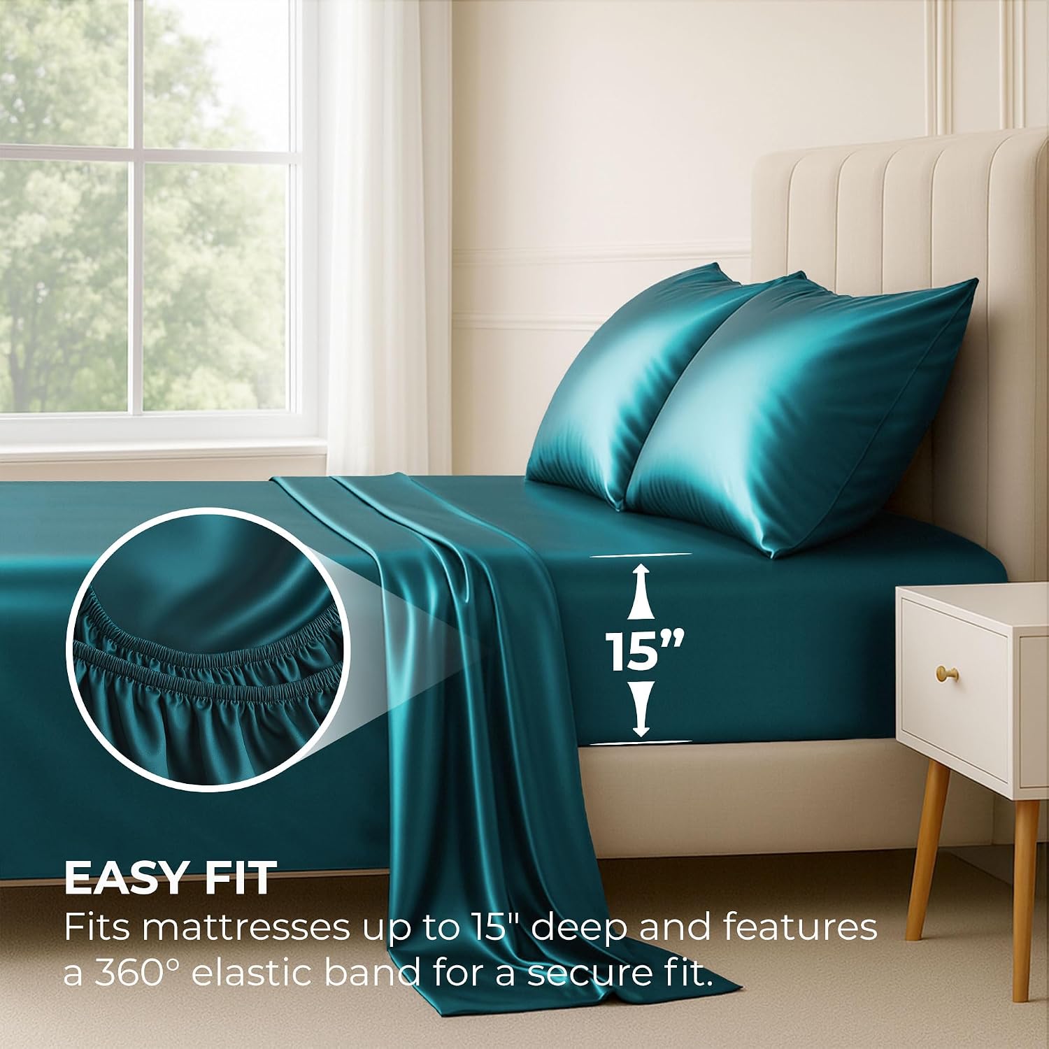 PureBedding Satin Sheets Queen [4-Piece, Teal] Hotel Luxury Silky Bed Sheets - Extra Soft 1800 Microfiber Sheet Set, Wrinkle, Fade, Stain R…