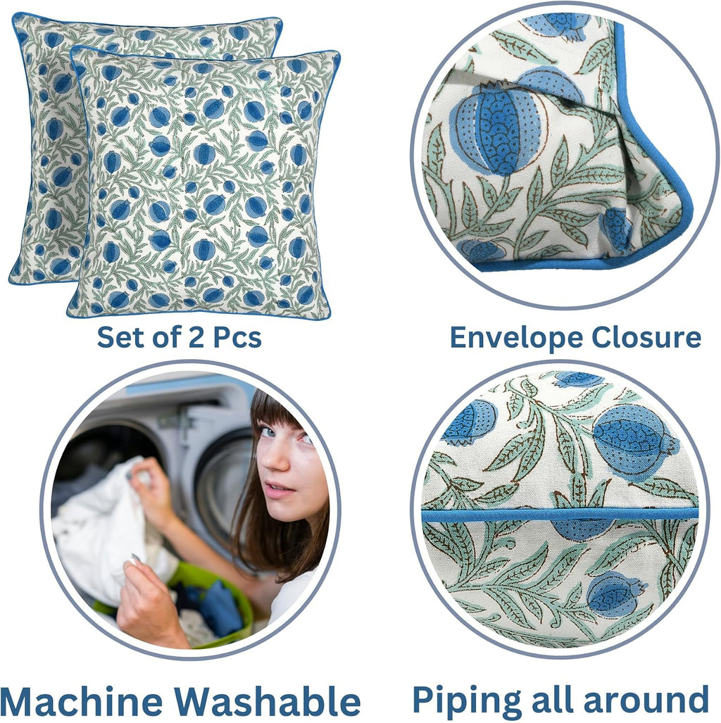 Ridhi Block Print Queen Blue Pillow Cover 18" x 18" (Pack of 2) Decorative Couch Pillows for Living Room, Farmhouse Chic Boho Cute Outdoor…