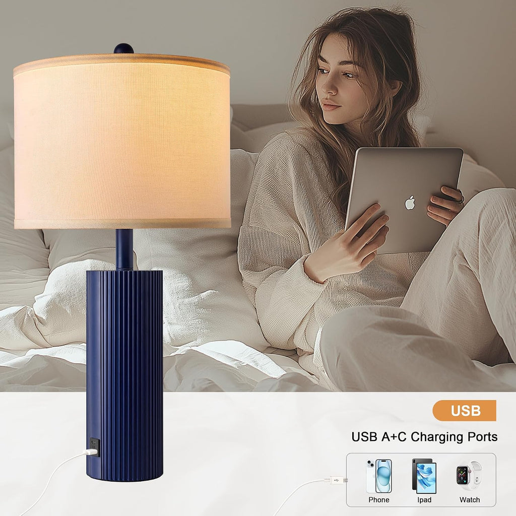 24.5" Blue Table Lamps Set of 2, Modern Living Room Touch Lamps with USB C+A Ports, 2 Bulbs Included, Table Light Fixture for Nightstand…