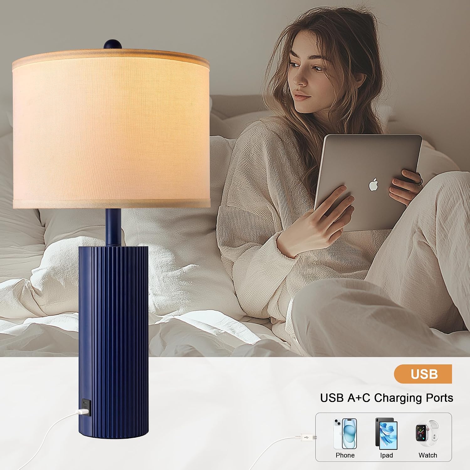 24.5" Blue Table Lamps Set of 2, Modern Living Room Touch Lamps with USB C+A Ports, 2 Bulbs Included, Table Light Fixture for Nightstand…