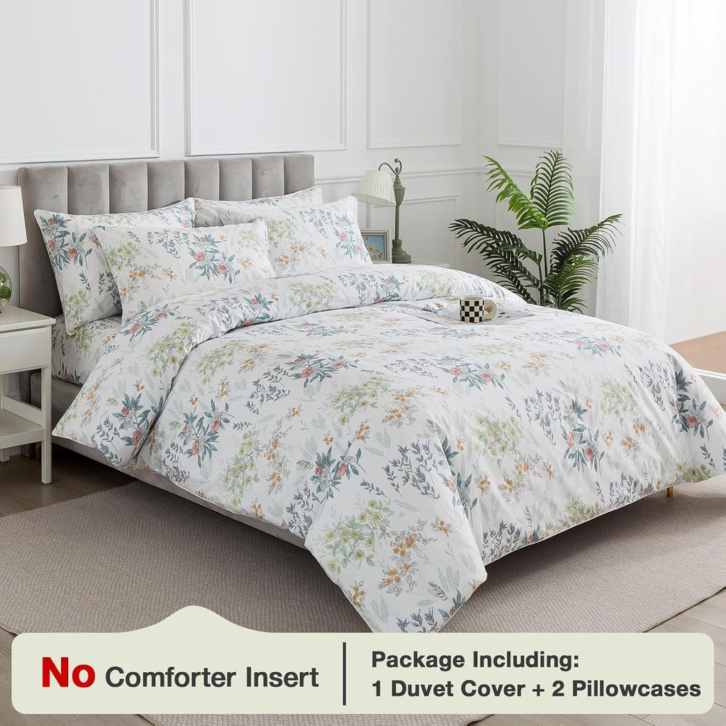 Puralens White King Floral Duvet Cover, Shabby Leaf Chic 100% Cotton Percale Duvet Cover Set with Ties, Flower Patterned Cottage Toile Bedd…