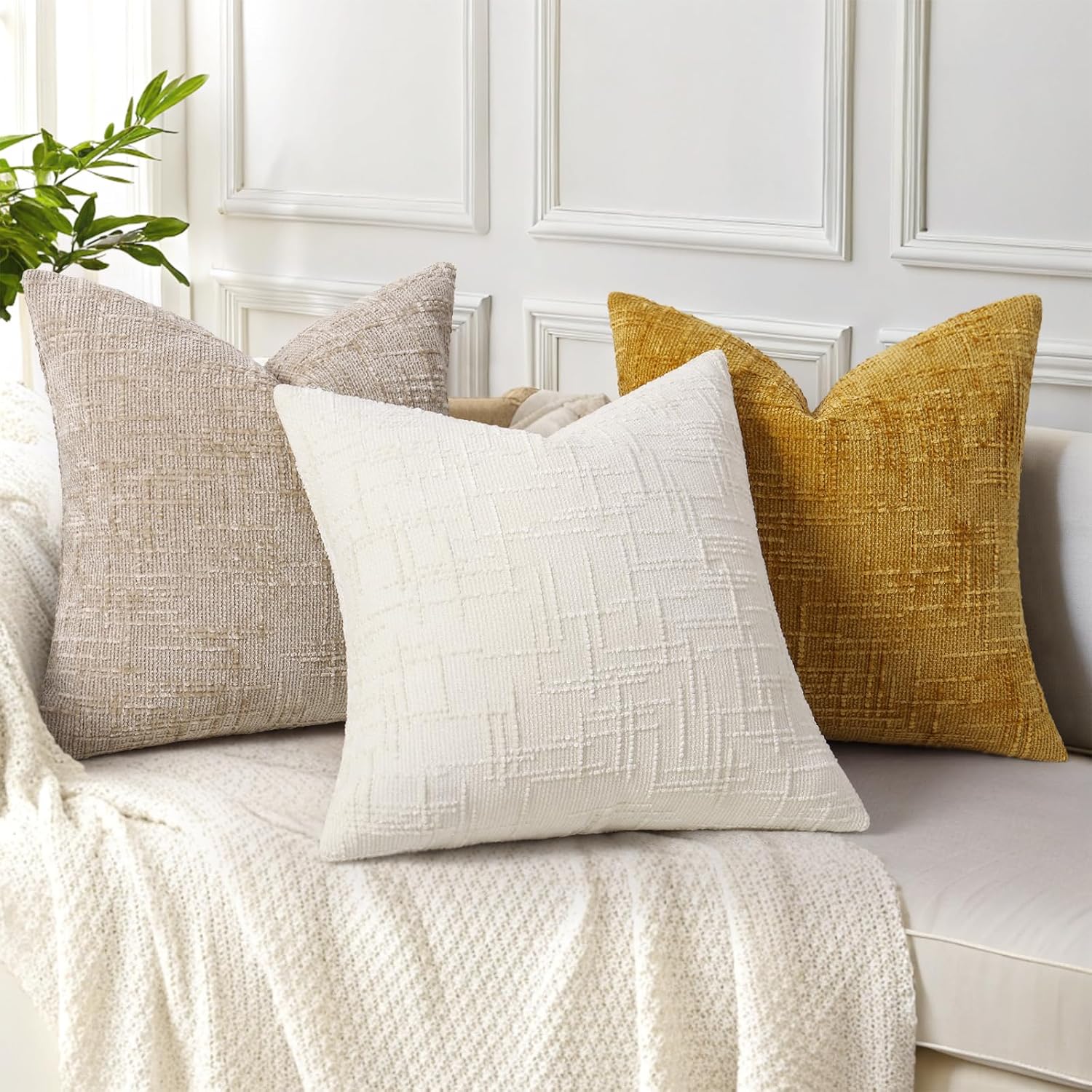 decorUhome Summer Cream White Chenille Throw Pillow Covers 20x20 Set of 2 Textured Soft Cozy Slubby Couch Pillow Covers Modern Farmhouse Bo…