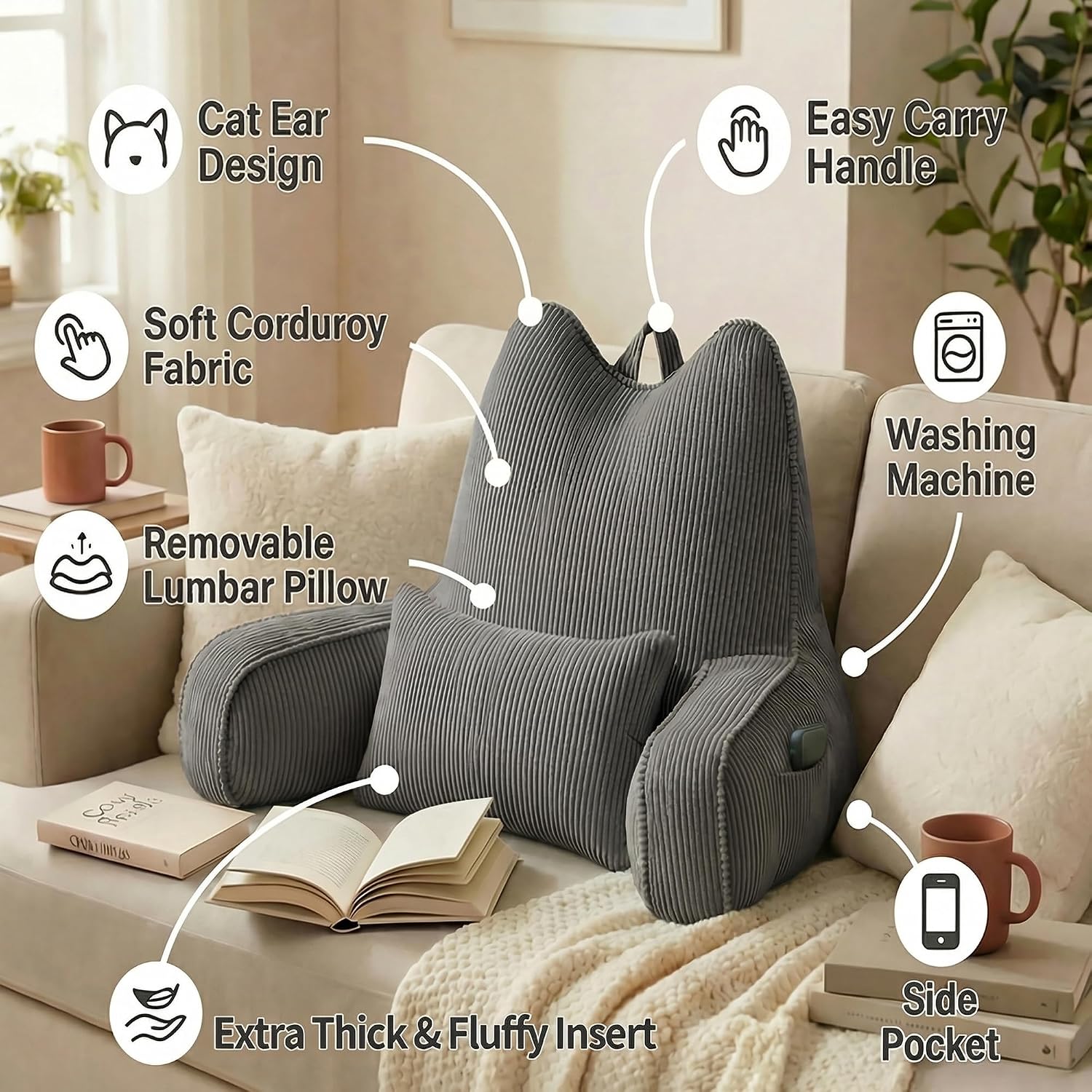 Ailuteie Patented Design Corduroy Reading Pillow with Arms, Ergonomic Bed Rest Pillow with Extra Lumbar Pillow for Sitting in Bed or Couch,…