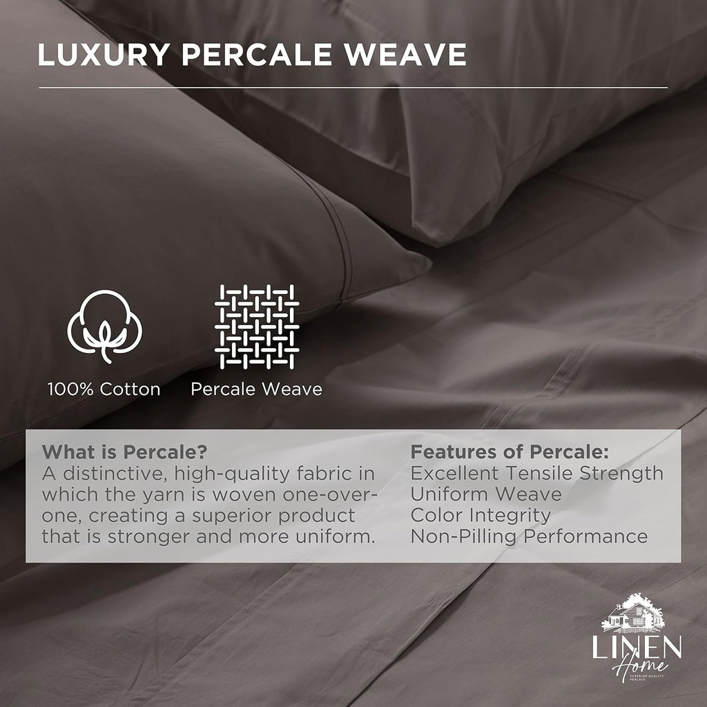 Linen Home 100% Cotton Percale Pillowcases Standard/Queen Size Set of 2 - Crisp & Cooling, Long Staple Hotel Quality, 20x30, Charcoal
