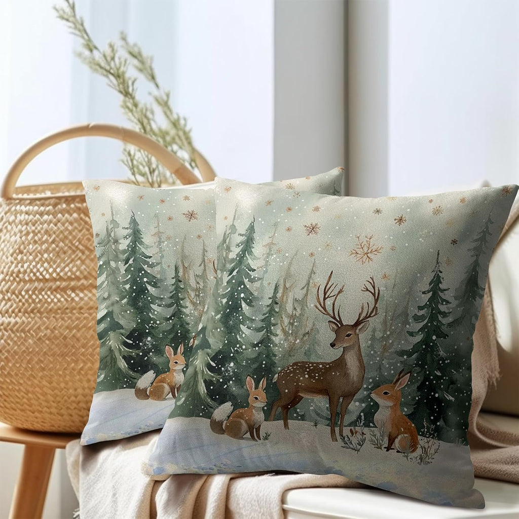 Xmas Reindeer Throw Pillow Cover 20x20 Inch Set of 2 Winter Trees Snowflake Holiday Animals Pillowcase Christma Deer Farmhouse Cushion…