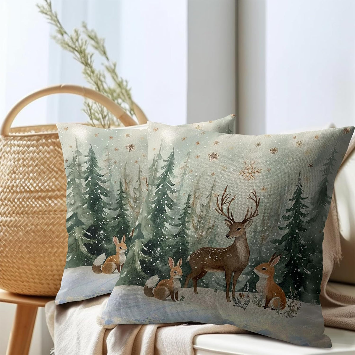 Xmas Reindeer Throw Pillow Cover 24x24 Inch Set of 2 Winter Trees Snowflake Holiday Animals Pillowcase Christma Deer Farmhouse Cushion…