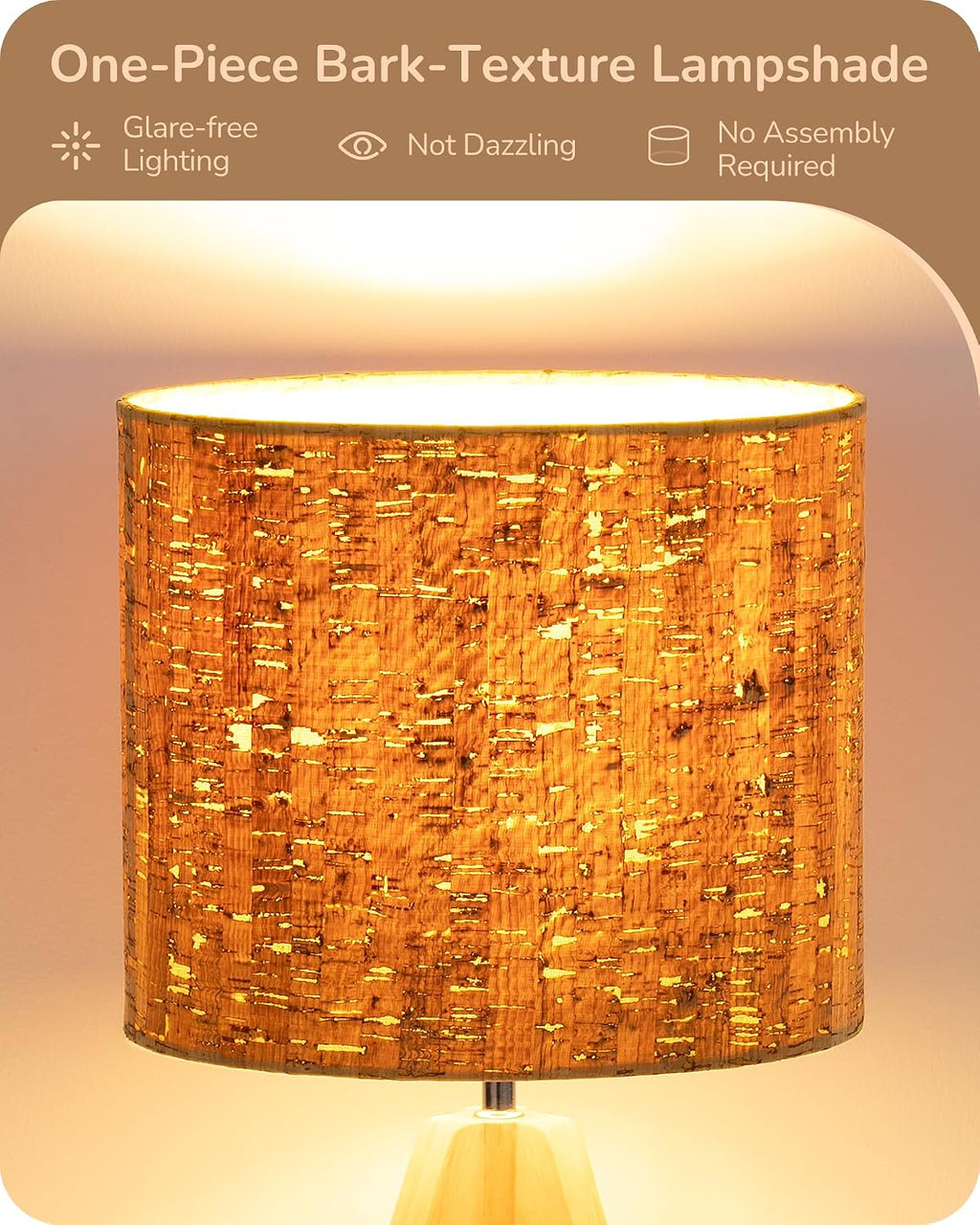 EDISHINE Small Table Lamp, Wooden Tripod Nightstand Lamp with Bark Linen Shade, Farmhouse Bedside Lamp for Nursery, Bedroom, Kids Room…