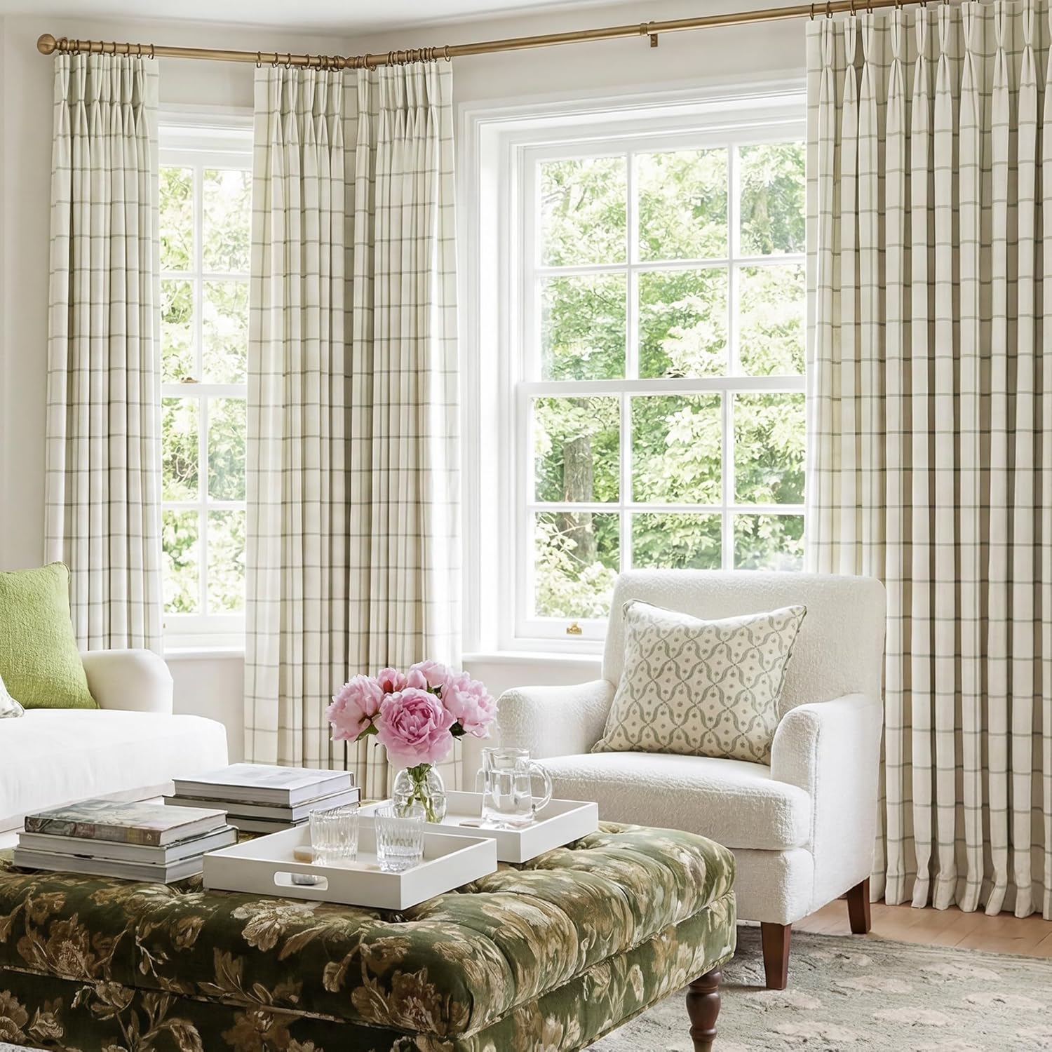 Threegirlshome THREE GIRLS Pinch Pleated Plaid Curtains Blackout Linen Gingham Green Curtains for Living Room, Bedroom Checkered 90 Inches L…