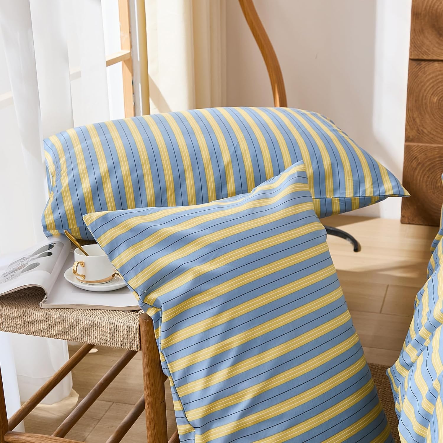 Merryword Blue & Yellow Striped Pillowcases, 100% Cotton Pillow Cases, Standard Size Pillowcases, Soft Breathable Ribbon Stripe Pillow Cove…