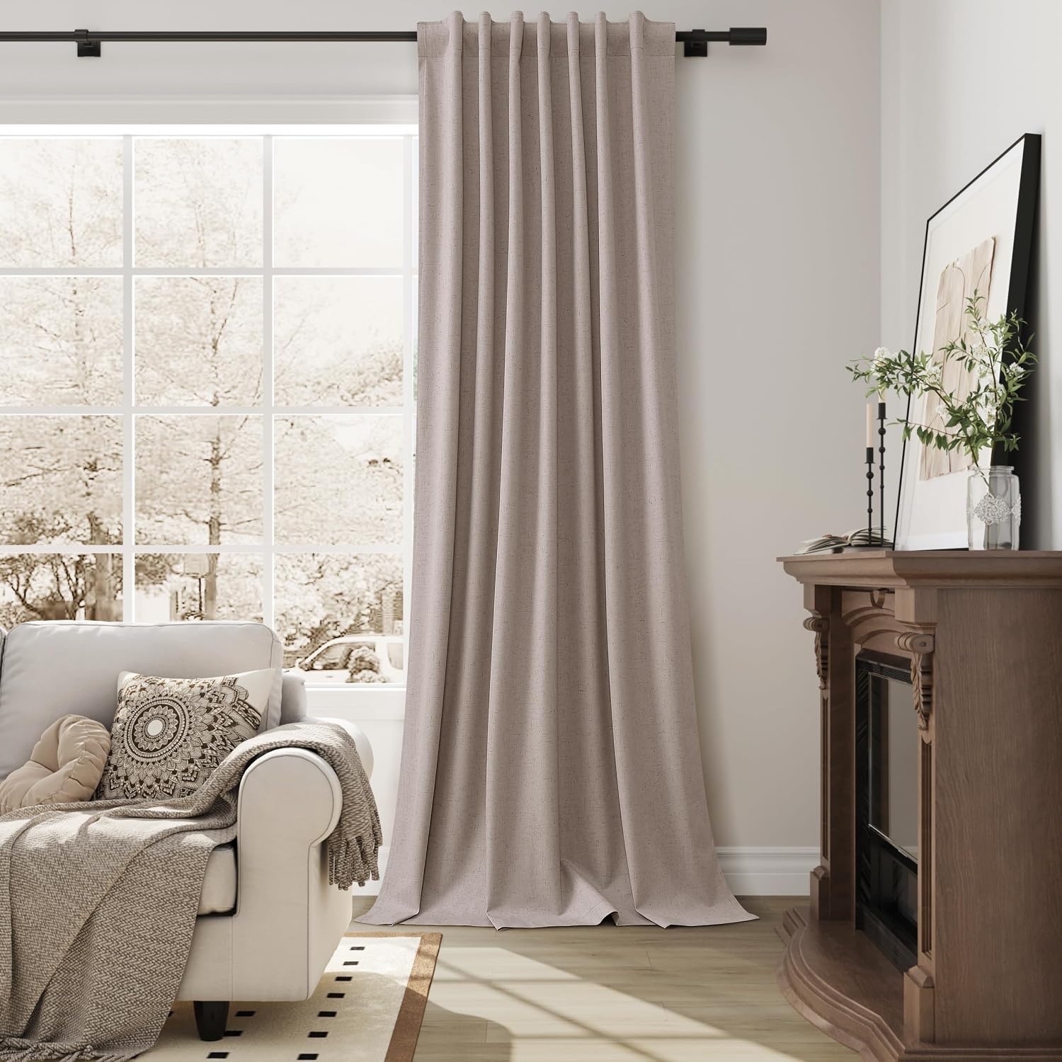 Guken Taupe 100% Blackout Linen Curtains for Bedroom 108 Inches Long Textured Farmhouse Room Darkening Black Out Thermal Insulated Soundpro…