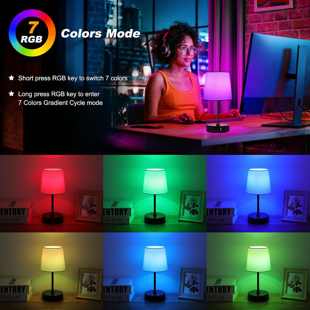 Ascher Small Bedside Table lamp, RGB Color Changing Lamps, 3 Color Temperatures, Dimmable Nightstand Lamp with USB C+A Ports, Touch Desk…