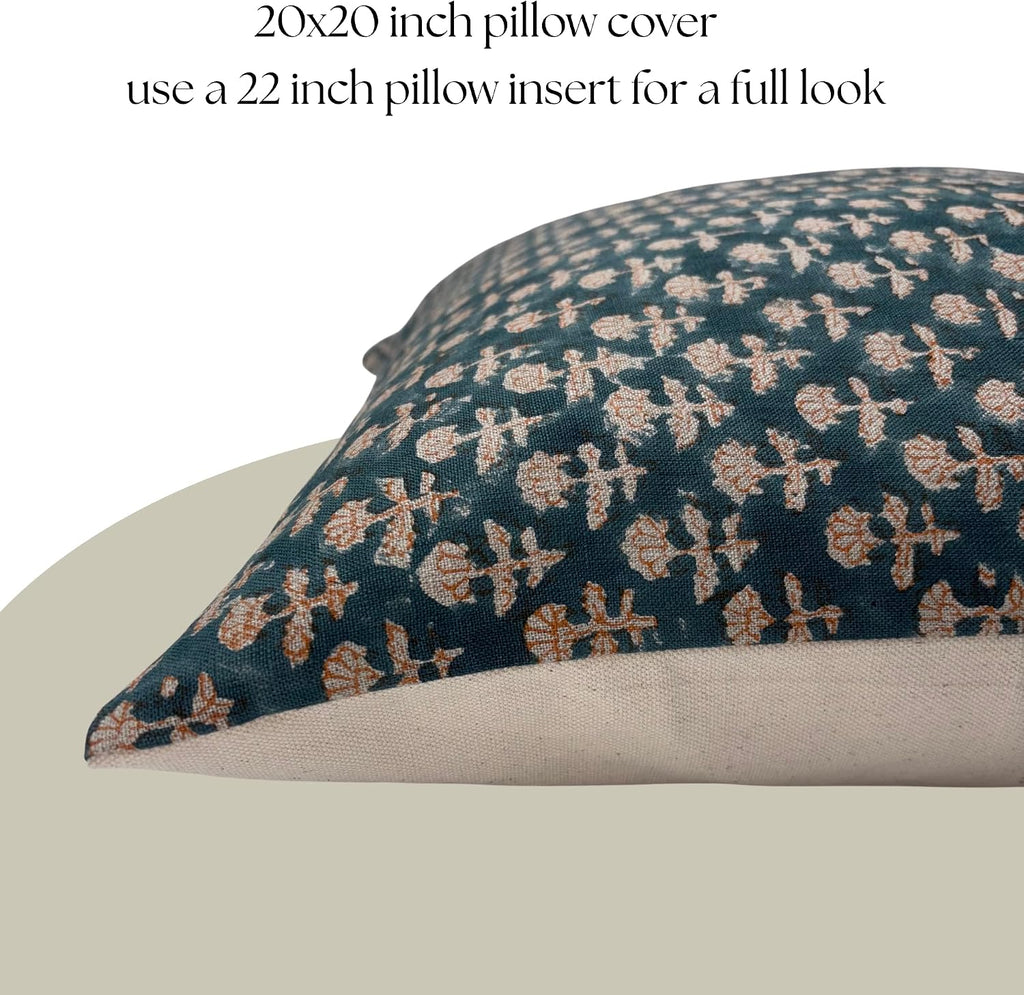 LineandLoop Linen Blue Throw Pillow Covers 20x20 inch Floral Pillows Spring Decorative Pillow Covers for Living Room, Bedroom 2 inches cott…