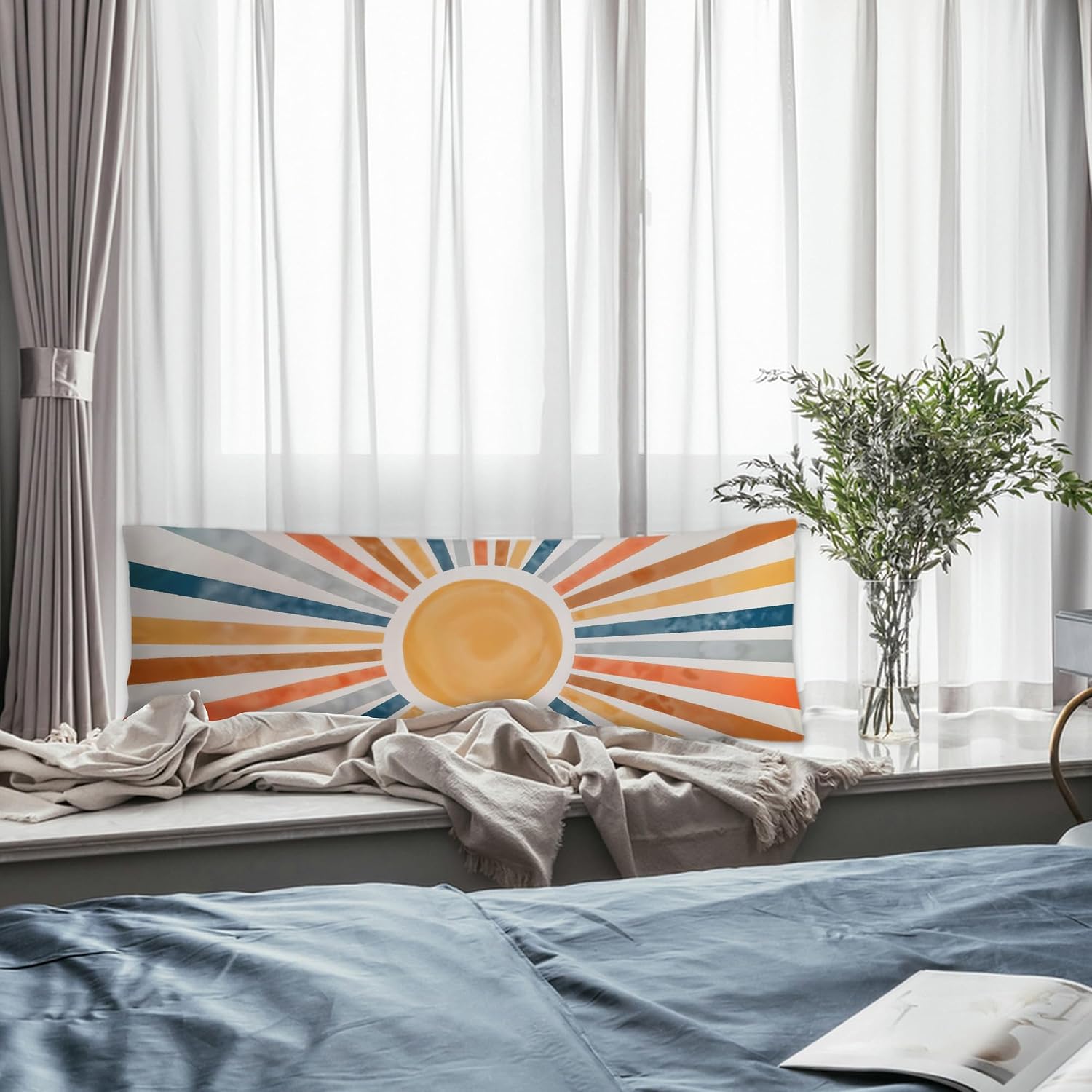 Boho Abstract Colorful Sun Body Pillow Covers 20x54, Boho Room Decor, Retro Mid Century Modern Sunrise Sunset Long Body Pillow Case Cover…
