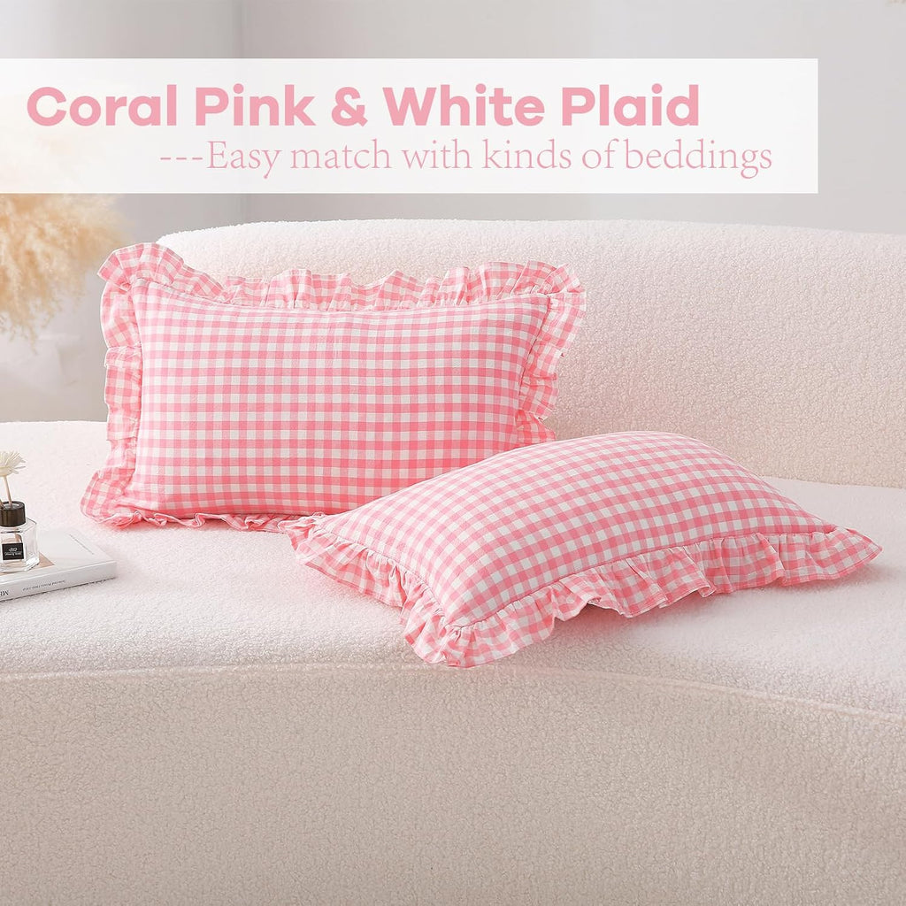 Kmasaniji 2 Pack Coral Pink Plaid Ruffle Gingham Throw Lumbar Pillow Shams, 100% Washed Cotton Linen Feel Checkered Pillow Covers Zipper Cl…