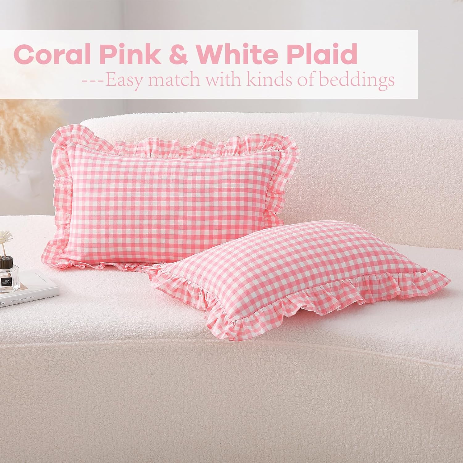Kmasaniji 2 Pack Coral Pink Plaid Ruffle Gingham Throw Lumbar Pillow Shams, 100% Washed Cotton Linen Feel Checkered Pillow Covers Zipper Cl…