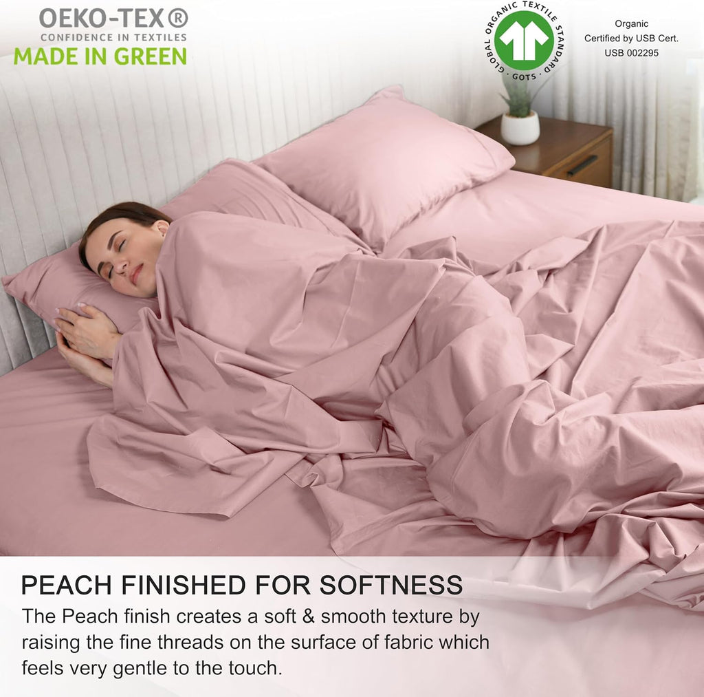 Ruvanti 100% Cotton Organic Percale Sheets Split King Size – Crisp Cooling Bed Sheets for Hot Sleepers, Deep Pocket 15”, Soft Peach Finish,…