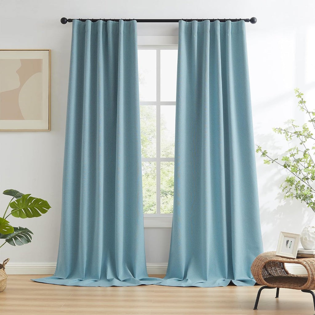 Keqiaosuocai Slate Stone Blue Linen Blackout Curtains 90 Inch Long 2 Panels, Back Tab Rod Pocket Hook Belt Thermal Insulated & Energy Effic…
