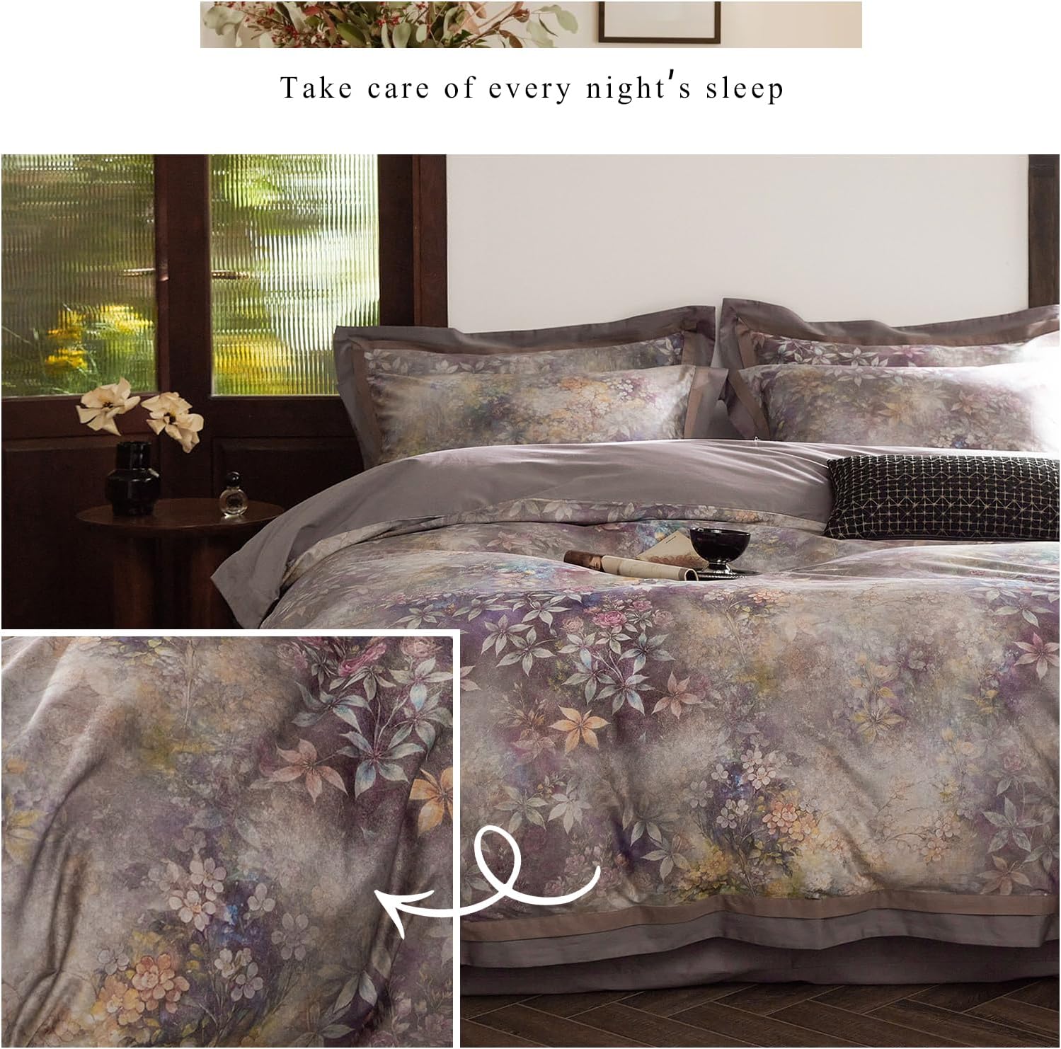 mixinni Vintage Floral Duvet Cover Set - Queen Size, 100% Long Staple Cotton Percale, Reversible Purple Floral Bedding Set with Zipper Clos…