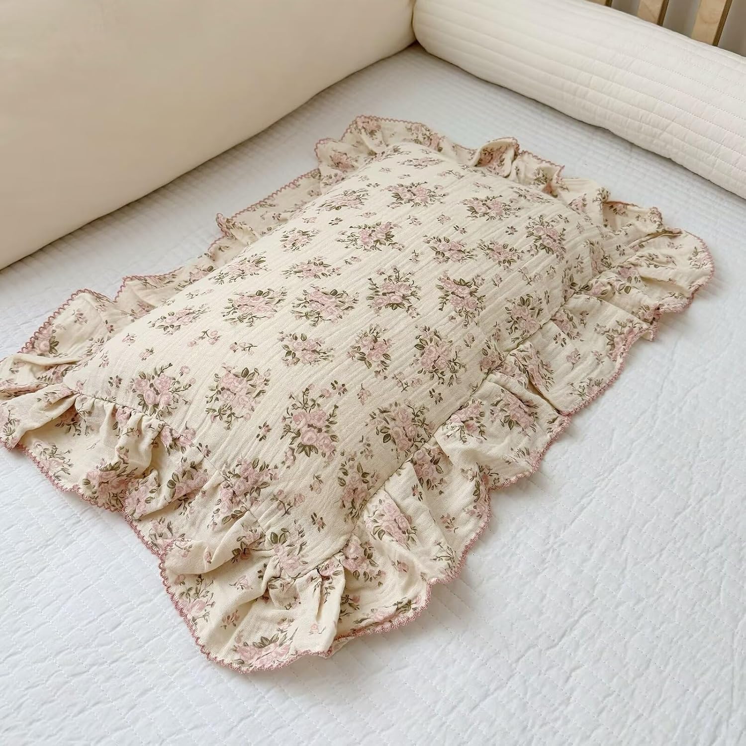 BuLuTu Muslin Cotton Toddler Pillowcases 14"x20", Shabby Chic Pink Floral Kids Pillow Cases Fit Toddler Pillow Sized 13"x18" Soft…
