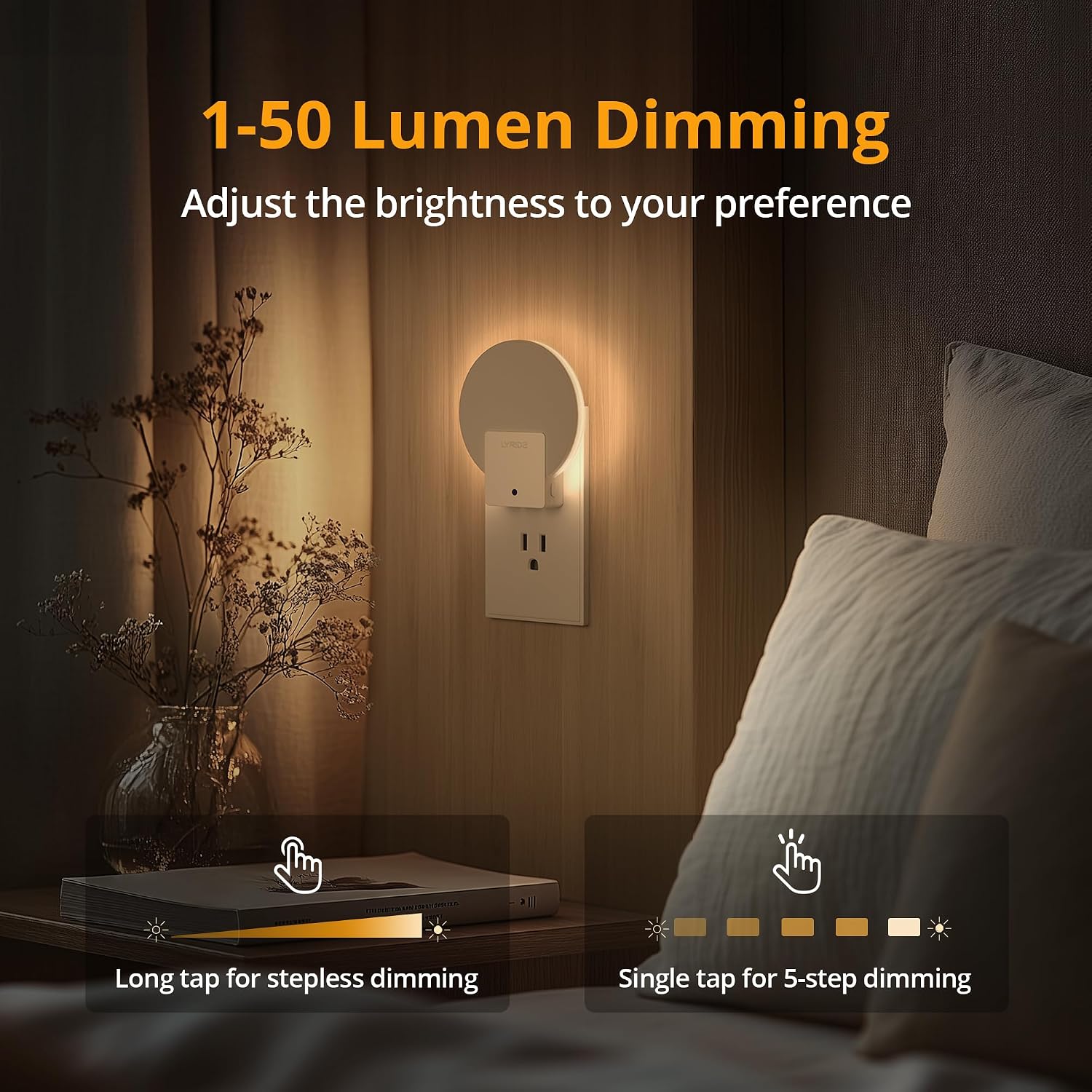 Lyridz Plug in LED Backlit Night Light with Auto Dusk to Dawn Sensor, 1-50 LM Dimmable Warm White Nightlight Indoor for Bedroom…