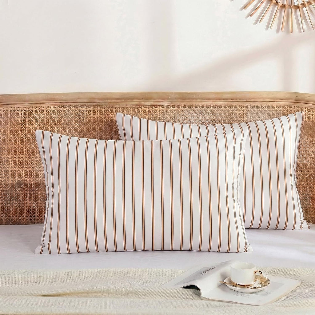 Merryword 100% Cotton Pillow Cases, Queen Size Pillowcases, Beige and Terracotta Striped Pillowcases, Soft Breathable Engineered Stripes Pi…