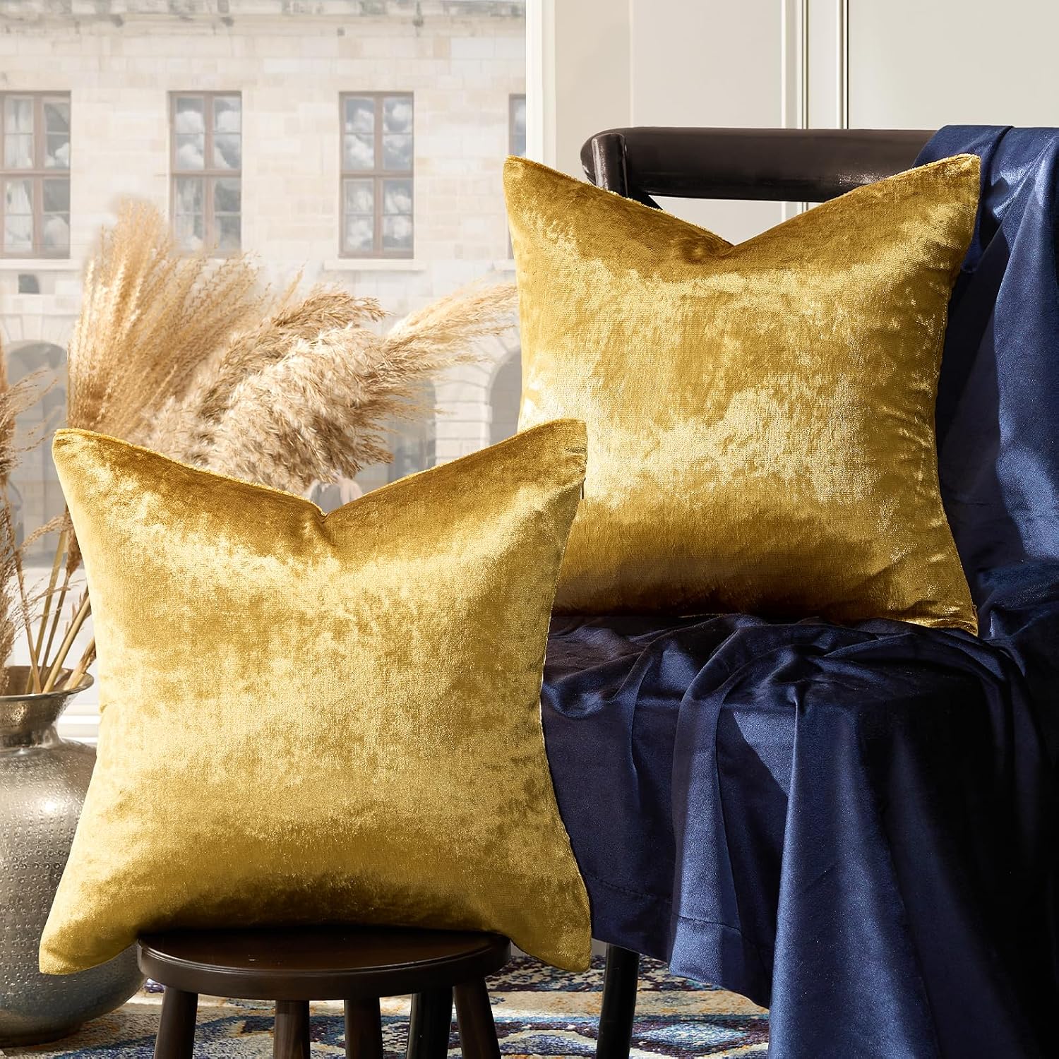GIGIZAZAFocusingonhomedecoration GIGIZAZA Gold Velvet Decorative Throw Pillow Covers 24x24 for Sofa Bed 2 Pack Soft Cushion Cover 2 Pack Go…
