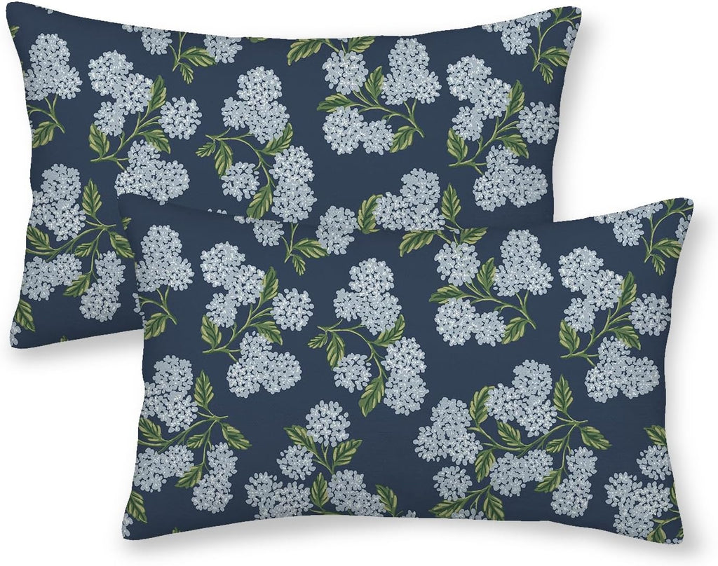 Navy Blue Spring Pillow Covers 12x20 Inch 2 Pcs Blue Green Hydrangea Flower Decor Throw Pillows Vintage Floral Seasonal Summer Outdoor…