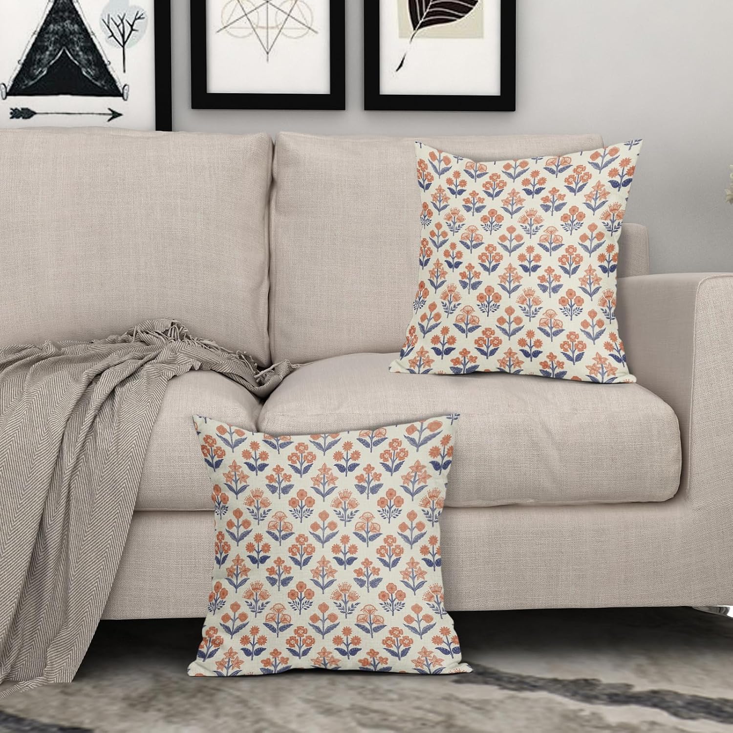 Navy Blue Orange Floral Block Print Pillow Covers 18x18 Inch Set of 2, Fall Vintage Flower Pattern Decorative Throw Pillowcases Outdoor…