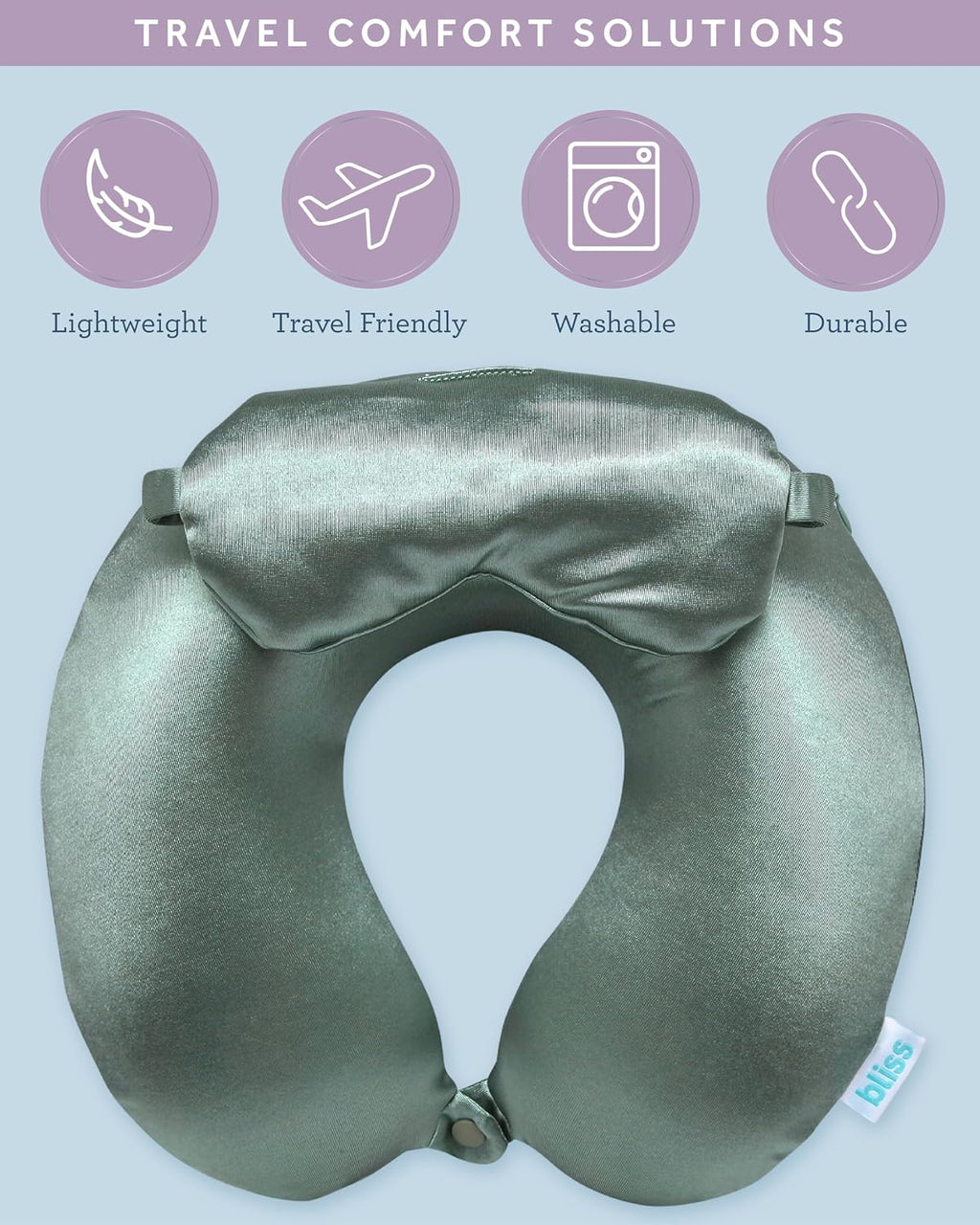 Bliss Neck Pillow Set - Lightweight U-Shaped Memory Foam Satin Travel Neck Pillow with Snap Closure and Matching Eye Mask for Airplane…