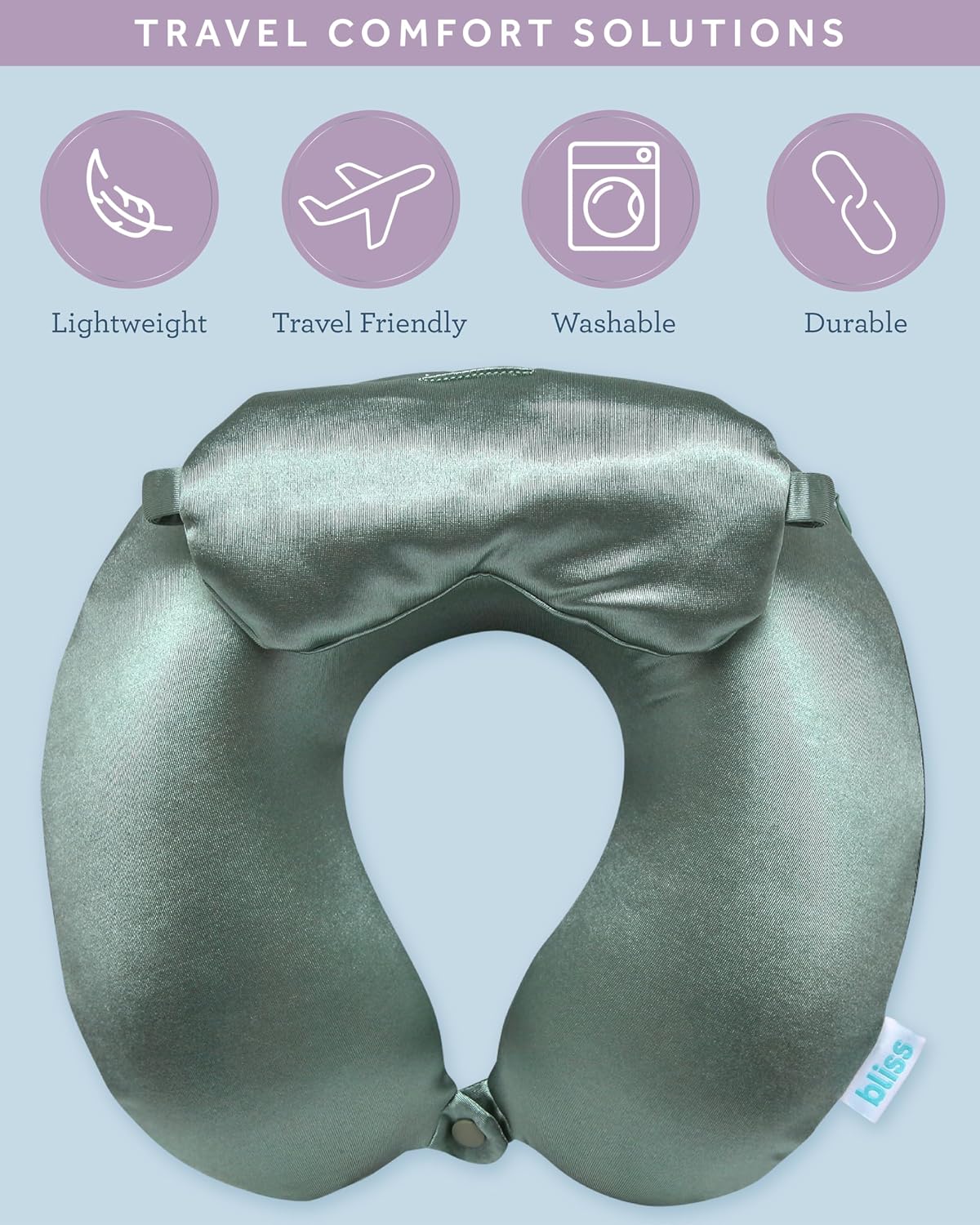 Bliss Neck Pillow Set - Lightweight U-Shaped Memory Foam Satin Travel Neck Pillow with Snap Closure and Matching Eye Mask for Airplane…