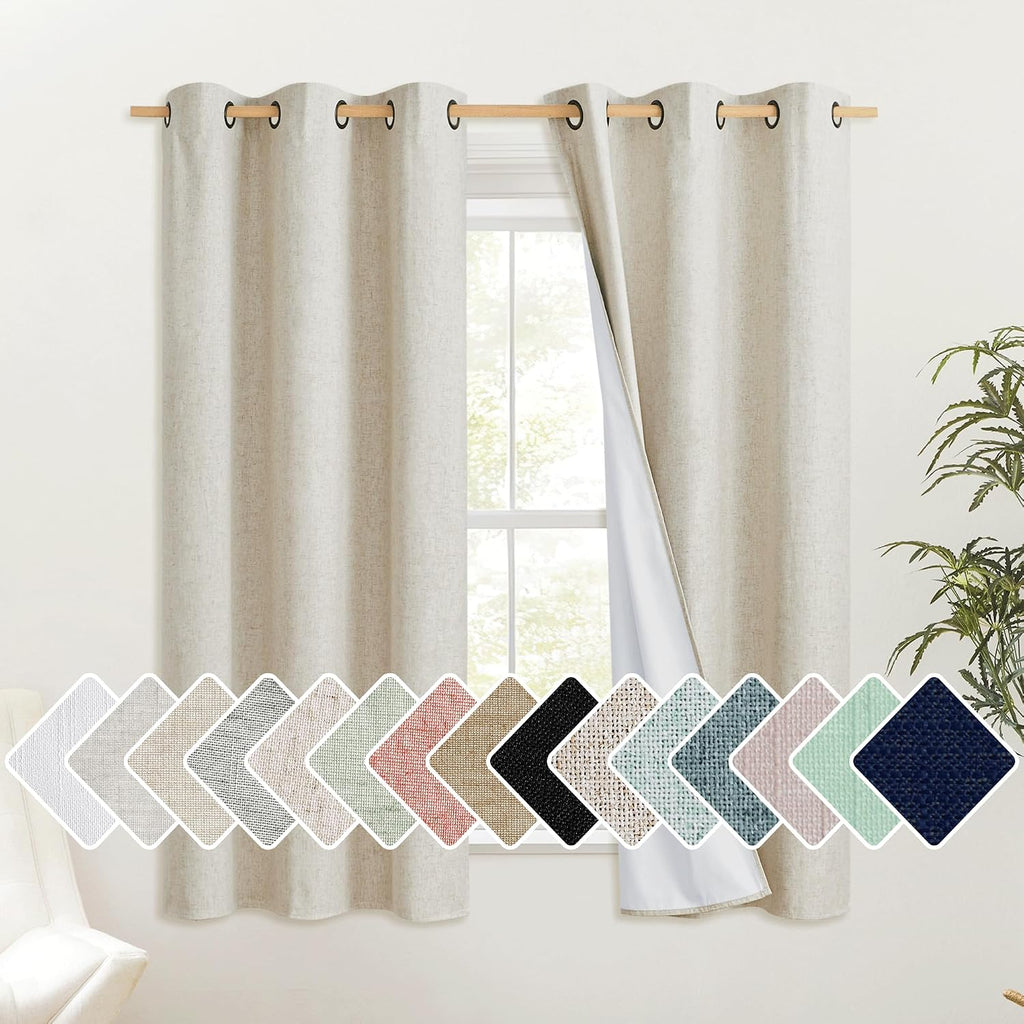 NICETOWN Natural Thick Linen Blend 100% Blackout Curtains with White Liners, Rustic Grommet Thermal Insulated Flax Textured Full Blackout…