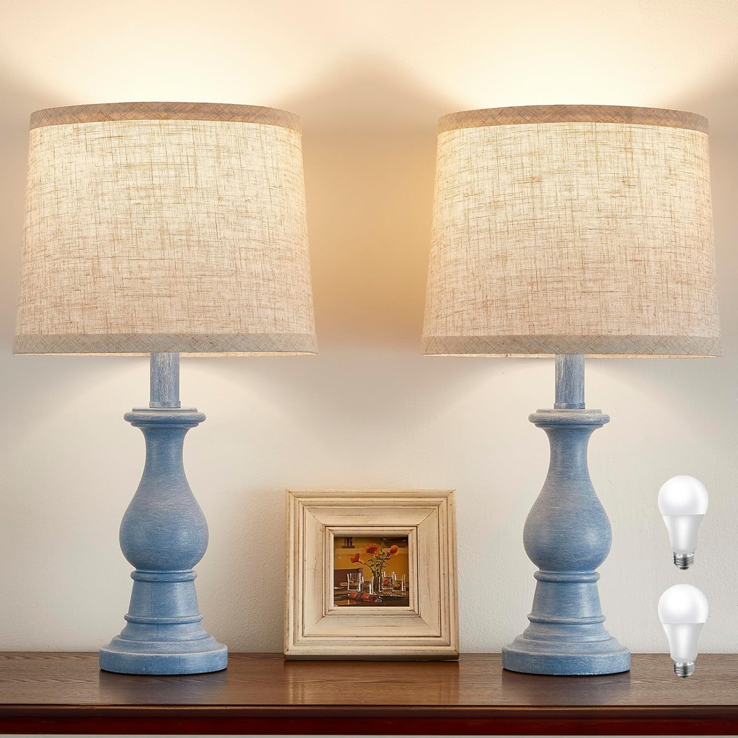 Vintage Table Lamp for Living Room Bedroom, 18.5" Farmhouse Bedside Lamps Nightstand Lamp Set of 2, Table Lamps with Oatmeal Linen Lamp…