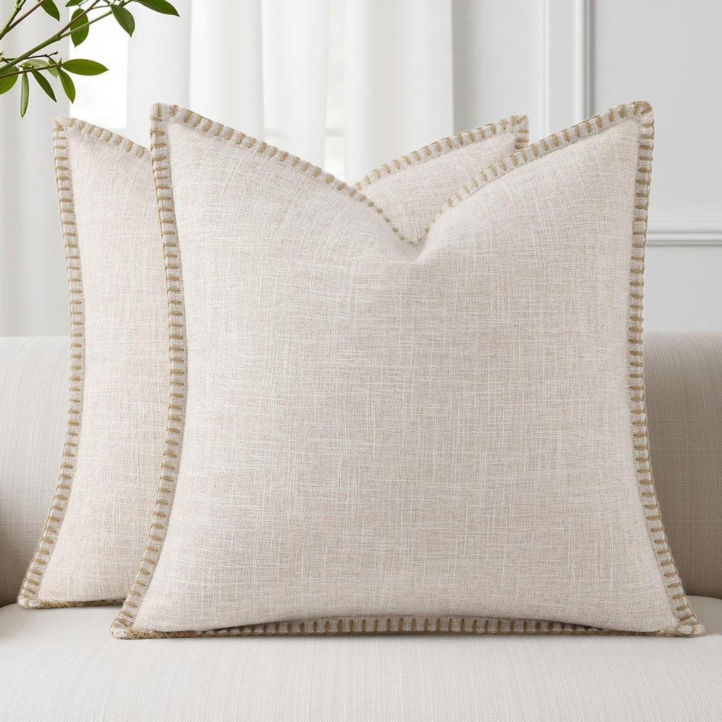 decorUhome Summer Decorative Throw Pillow Covers 24x24 Set of 2 Square Faux Linen Outdoor Neutral Farmhouse Euro Sham Pillow Covers with…