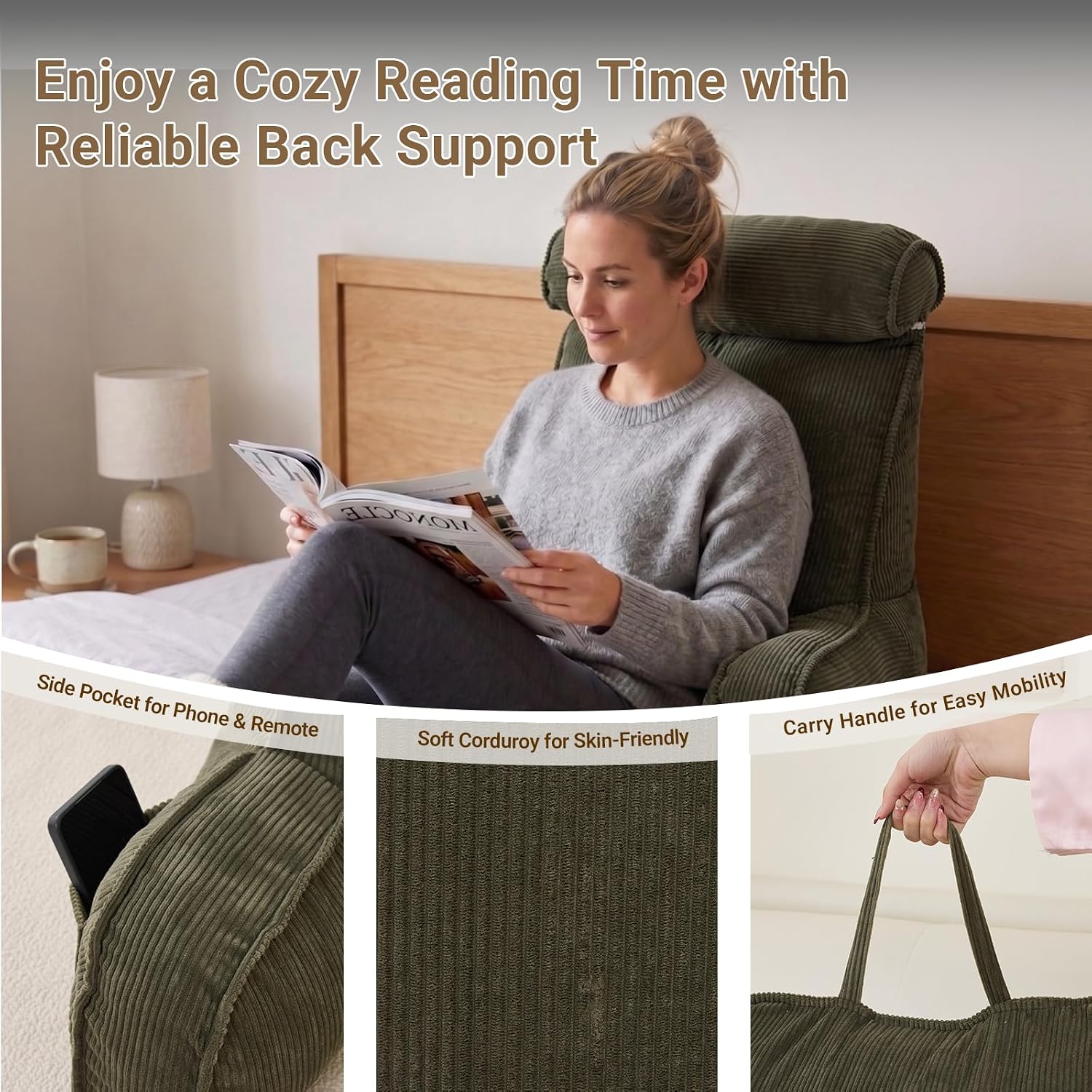 Reading Pillow for Bed with Detachable Neck Roll and Shredded Memory Foam, Back Pillow with Arms for Sitting Up, Washable Bed Rest Pillow…