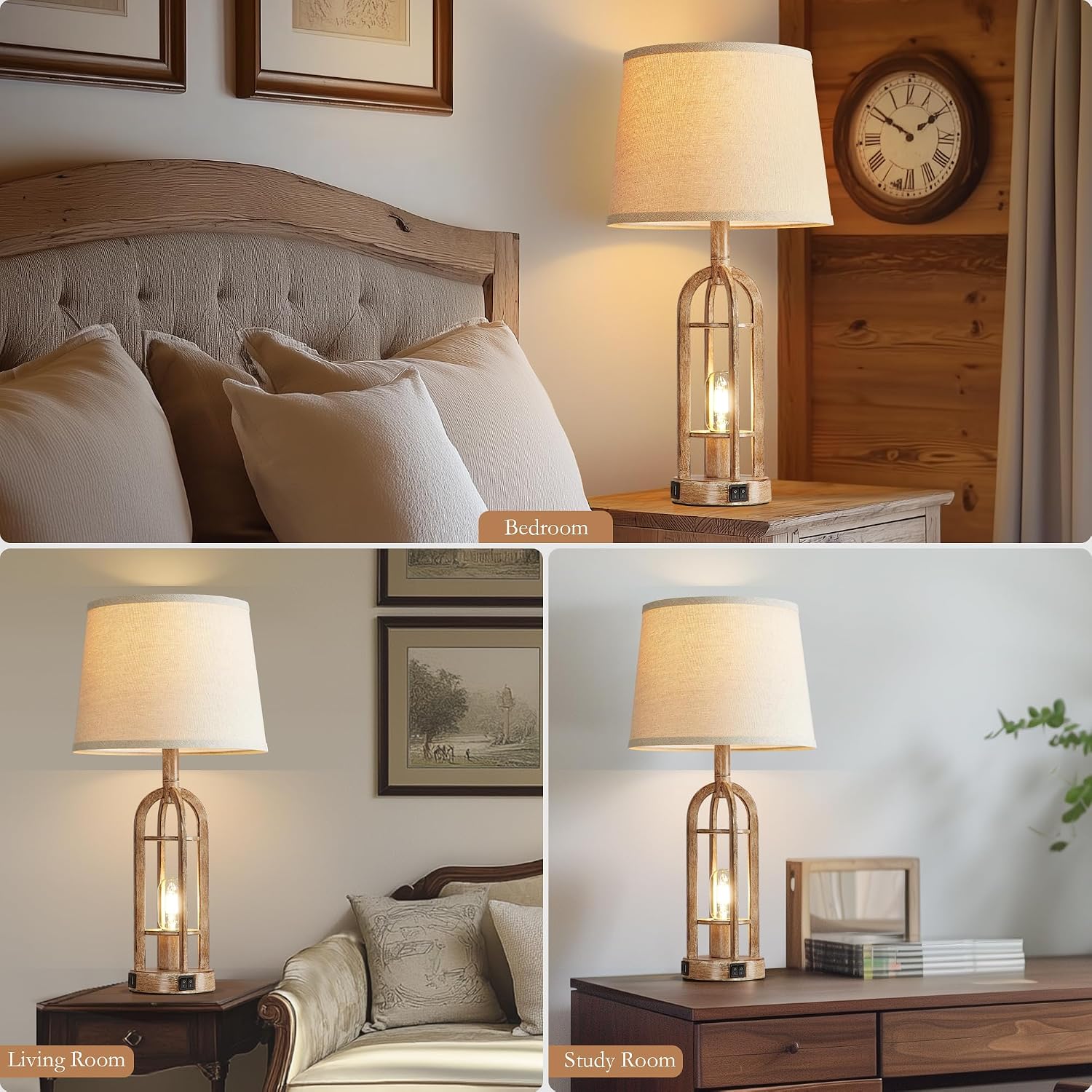 SRJJA Table Lamps for Living Room End Table Set of 2 - Rustic Farmhouse Bedside Lamps for Bedroom Nightstand with Nightlight and USB A+C…